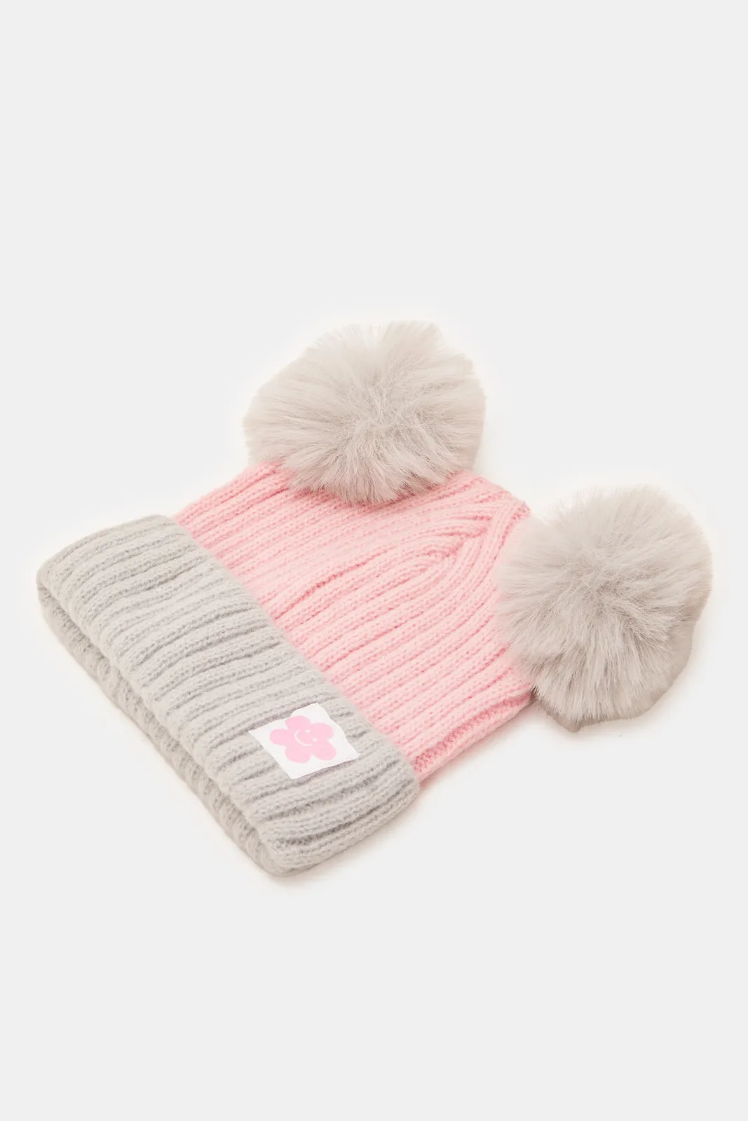 Girls Pink And Grey Knitted Cap (Pack of 2)