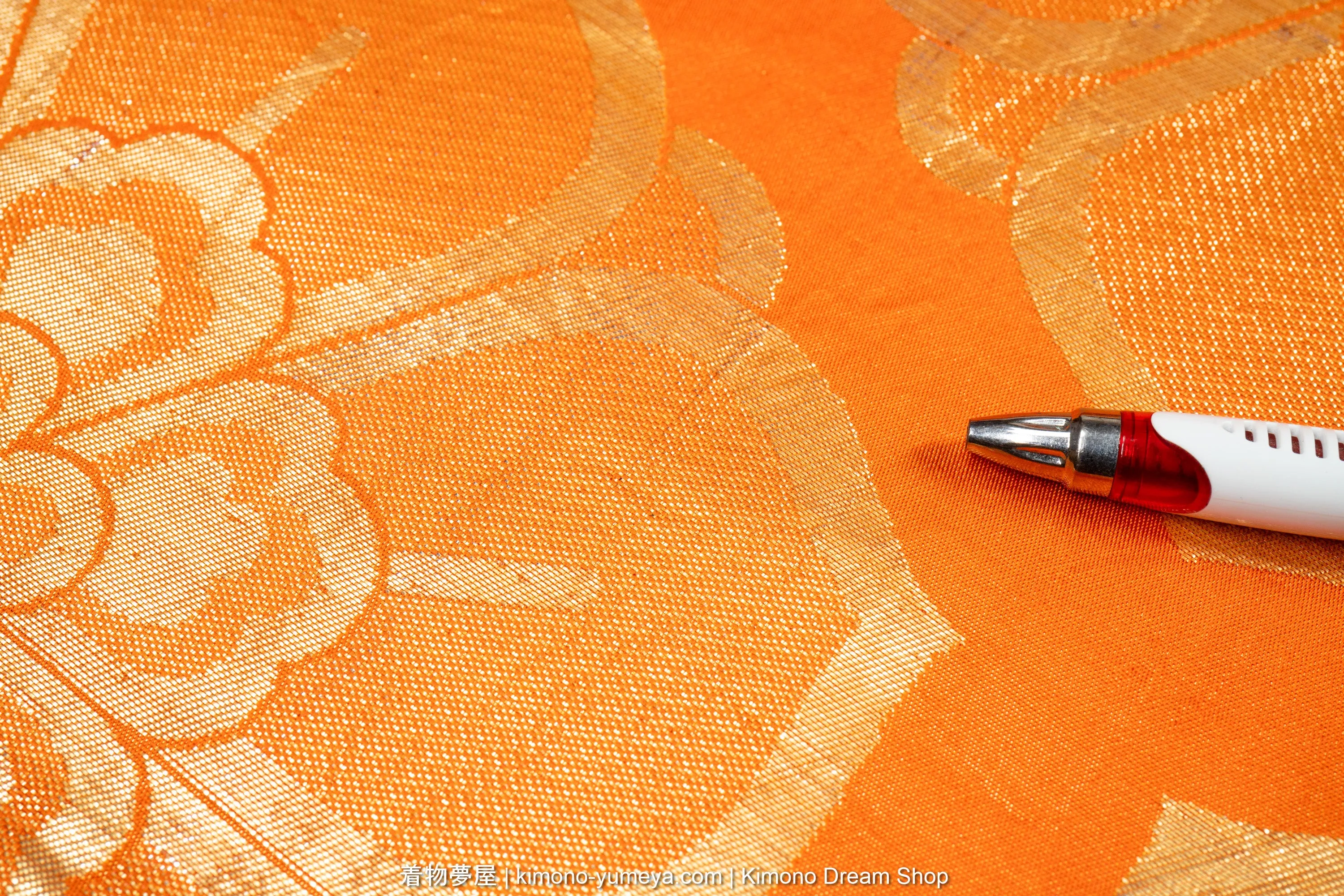 Gold on Orange Fukuro Obi - Large Geometric Flowers in Tortoise Shell Pattern - Vintage Silk Belt - Kikkou