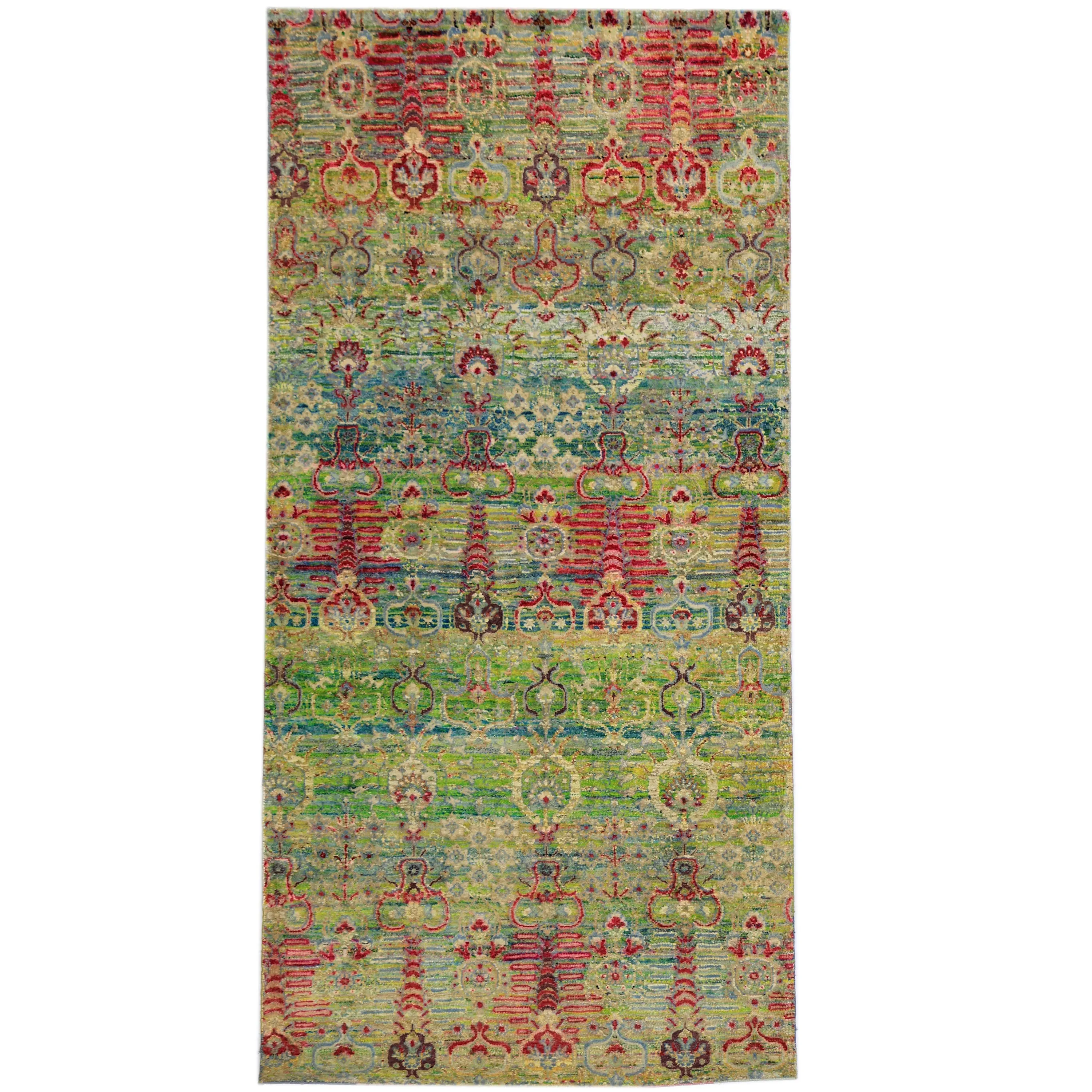 Green & Pink Alchemy Contemporary Wool Silk Blend Runner - 3' x 6'4"