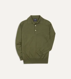 Green Knitted Silk-Cotton Long-Sleeve Polo Shirt