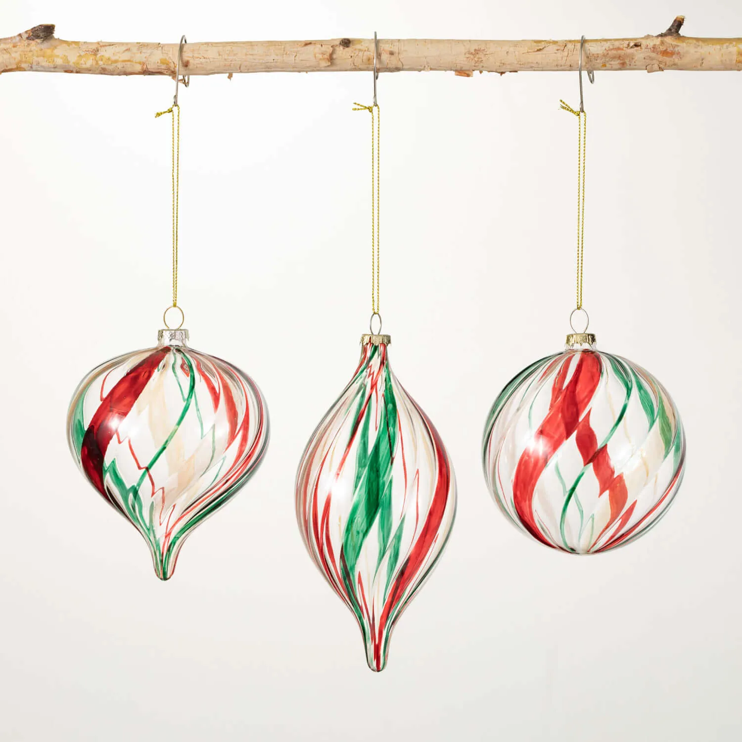 Green Red Striped Ornament Set