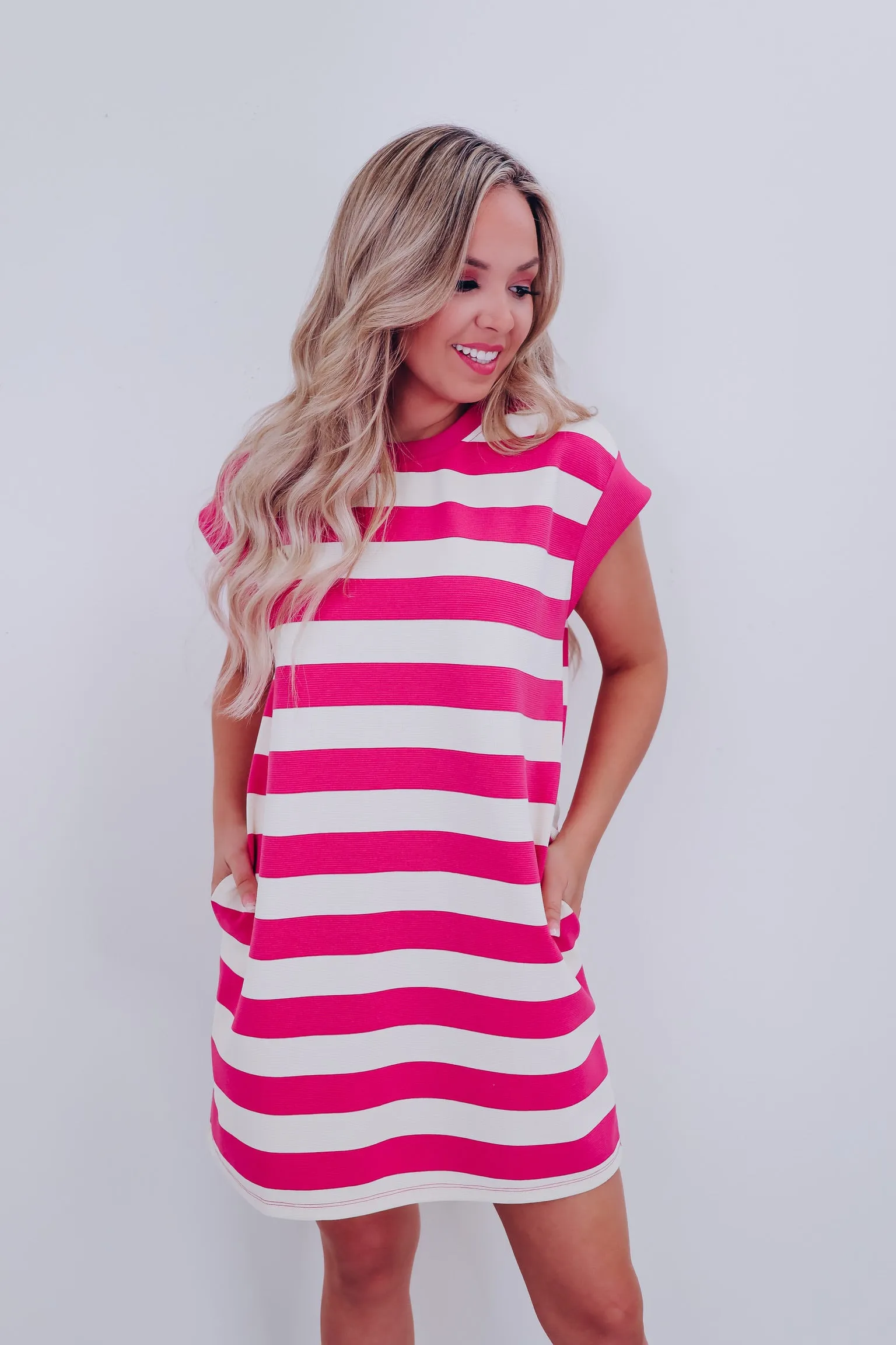 Halo Horizontal Stripe Pocketed Dress - Pink