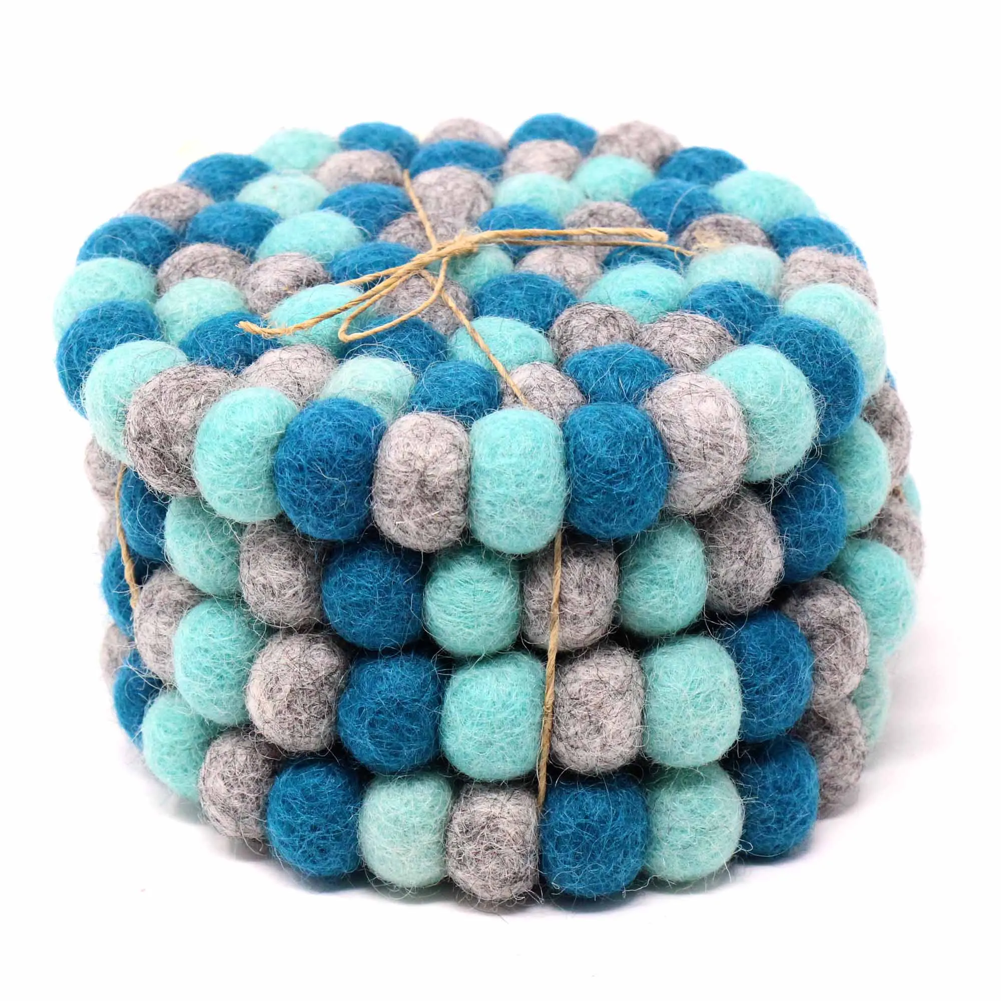 Hand Crafted Felt Ball Coasters from Nepal 4-pack, Chakra Light Blues