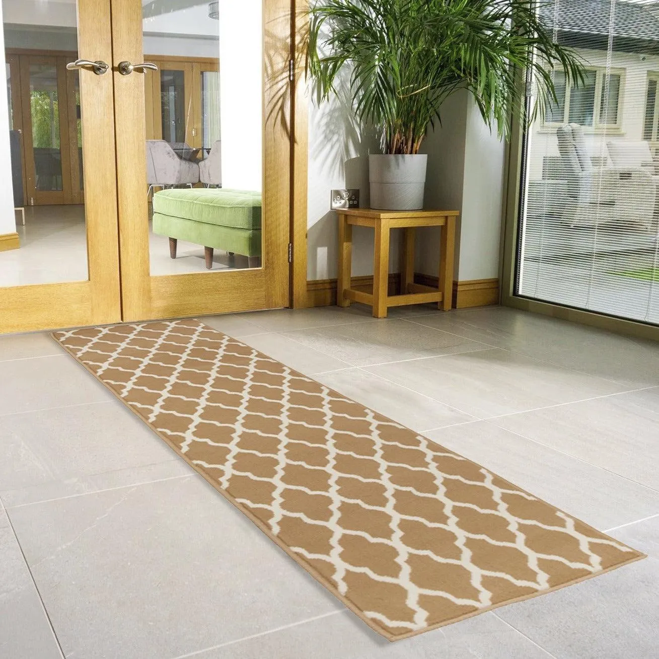 Hard Wearing Hessian Backed Stair Runner Kitchen Mat - Texas Beige Trellis