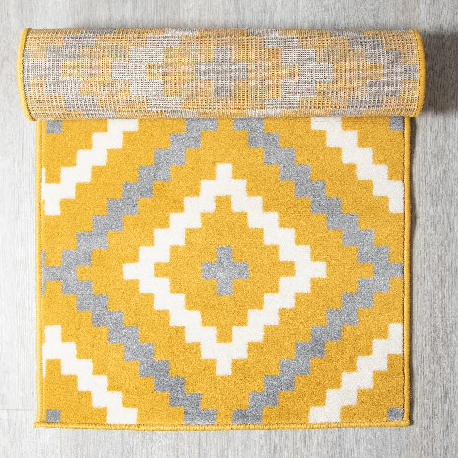 Hard Wearing Hessian Backed Stair Runner Kitchen Mat - Texas Yellow & Grey Geometric Tiles