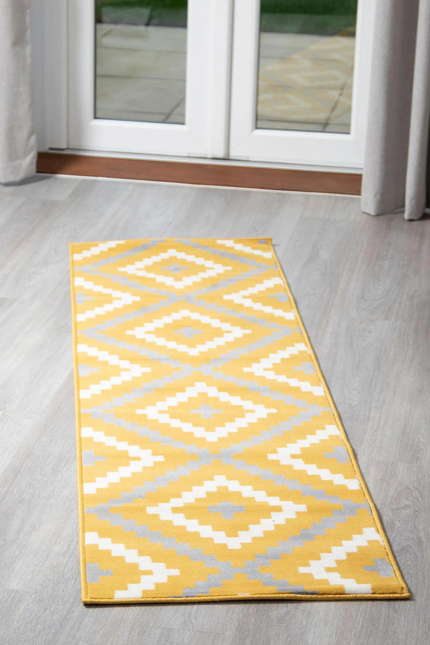 Hard Wearing Hessian Backed Stair Runner Kitchen Mat - Texas Yellow & Grey Geometric Tiles