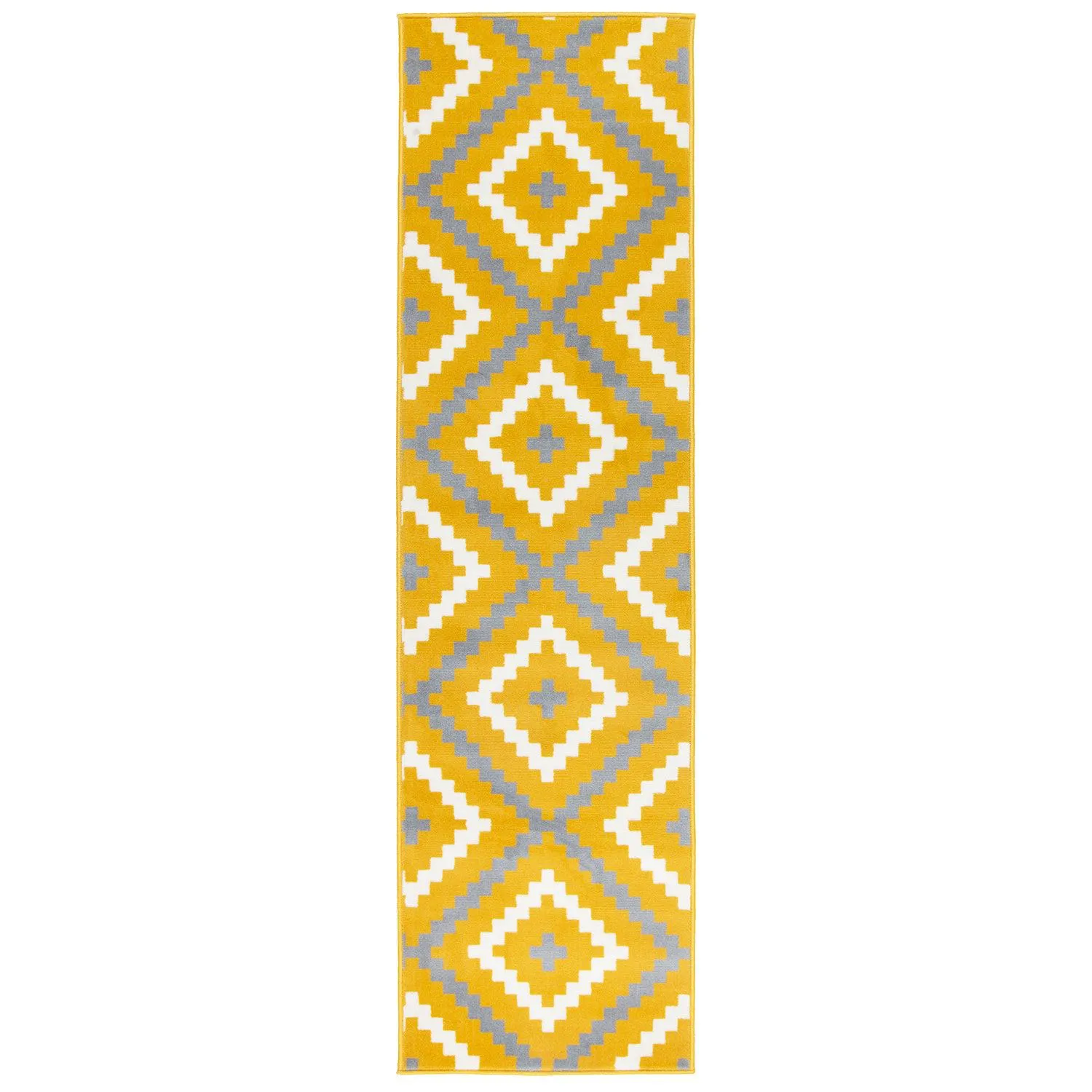 Hard Wearing Hessian Backed Stair Runner Kitchen Mat - Texas Yellow & Grey Geometric Tiles