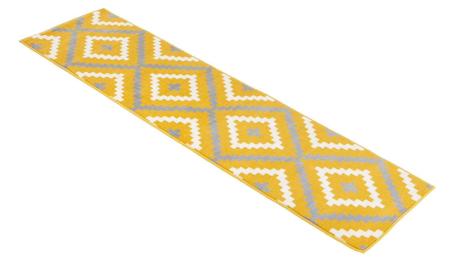 Hard Wearing Hessian Backed Stair Runner Kitchen Mat - Texas Yellow & Grey Geometric Tiles