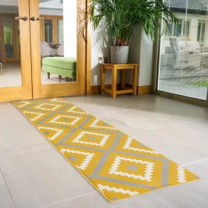 Hard Wearing Hessian Backed Stair Runner Kitchen Mat - Texas Yellow & Grey Geometric Tiles