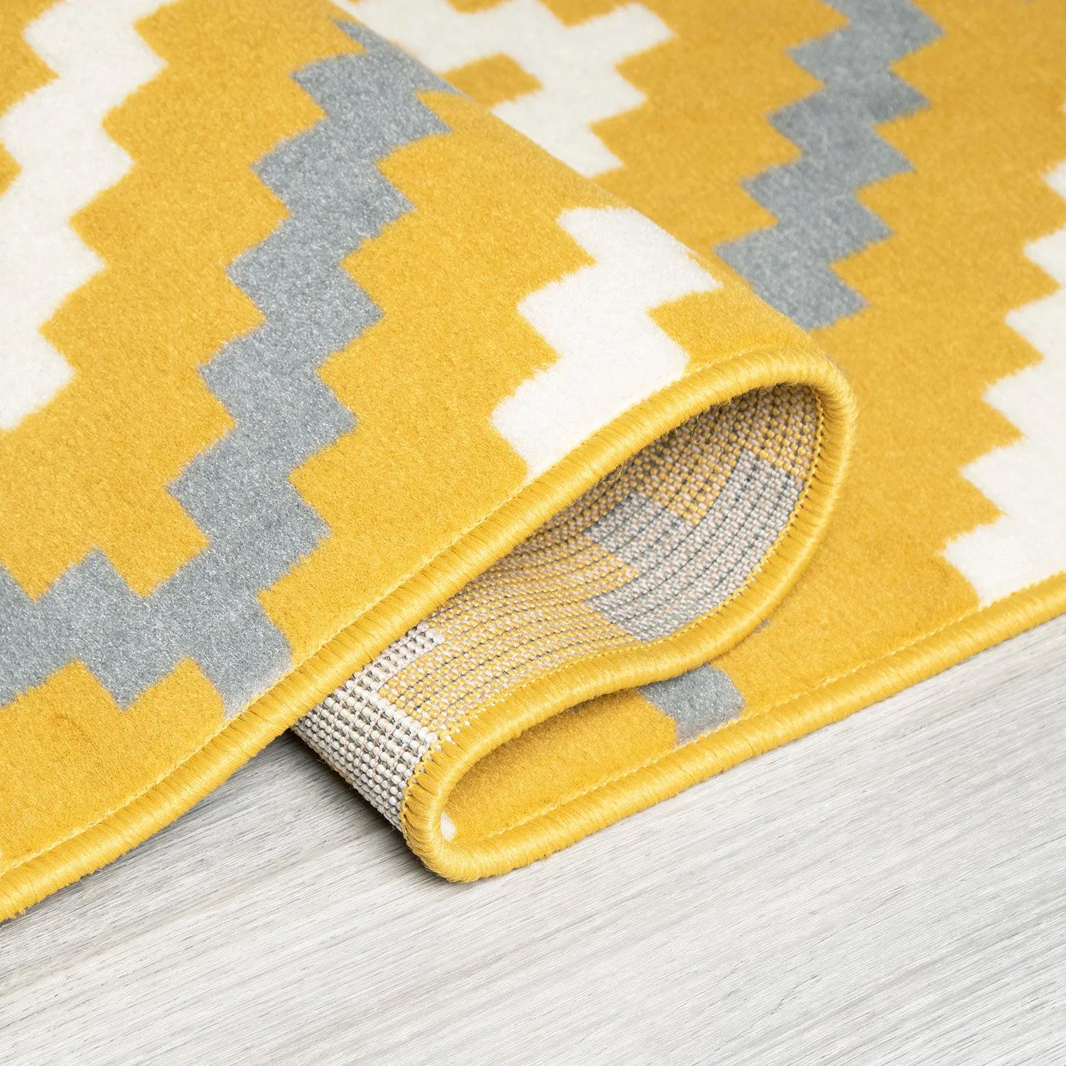 Hard Wearing Hessian Backed Stair Runner Kitchen Mat - Texas Yellow & Grey Geometric Tiles