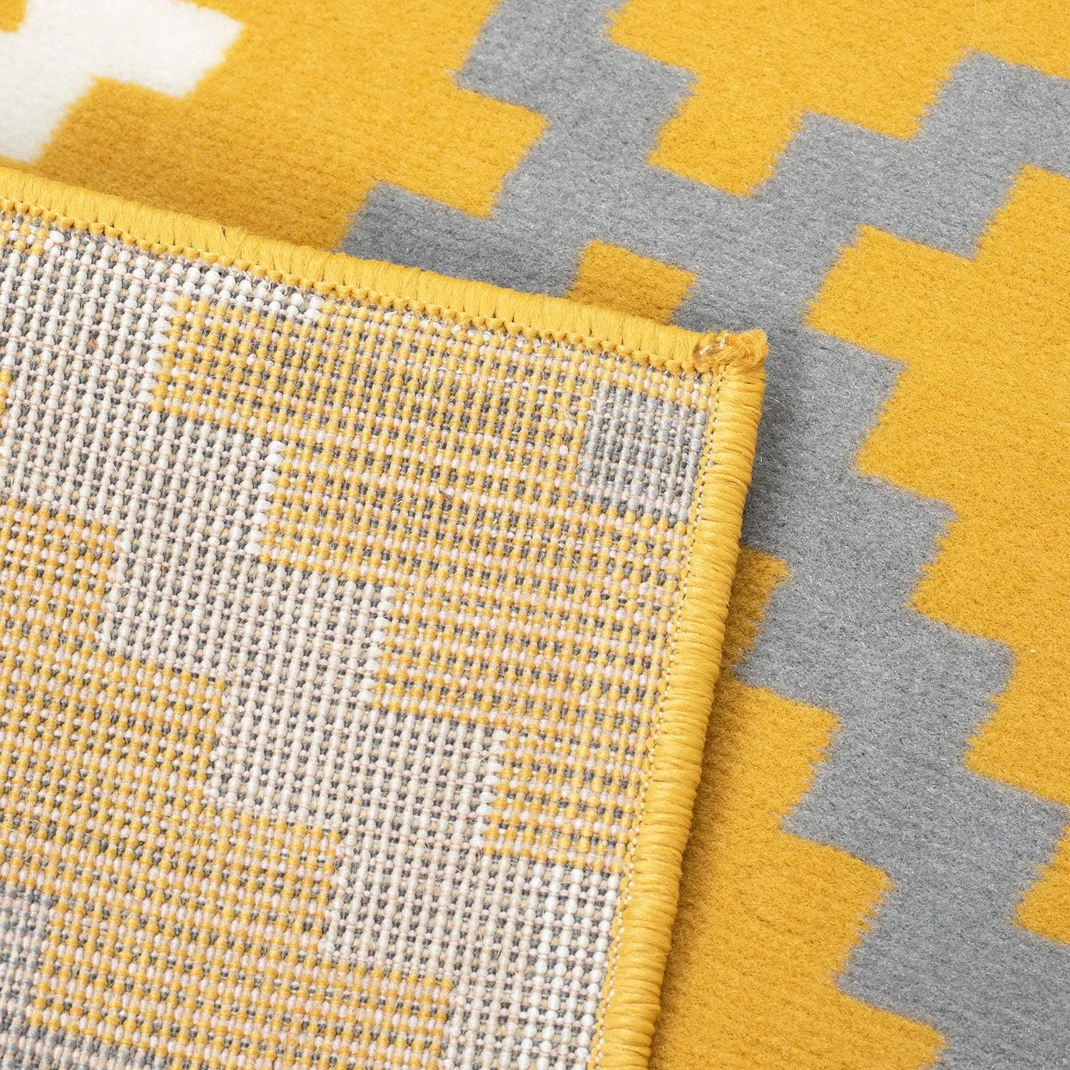 Hard Wearing Hessian Backed Stair Runner Kitchen Mat - Texas Yellow & Grey Geometric Tiles