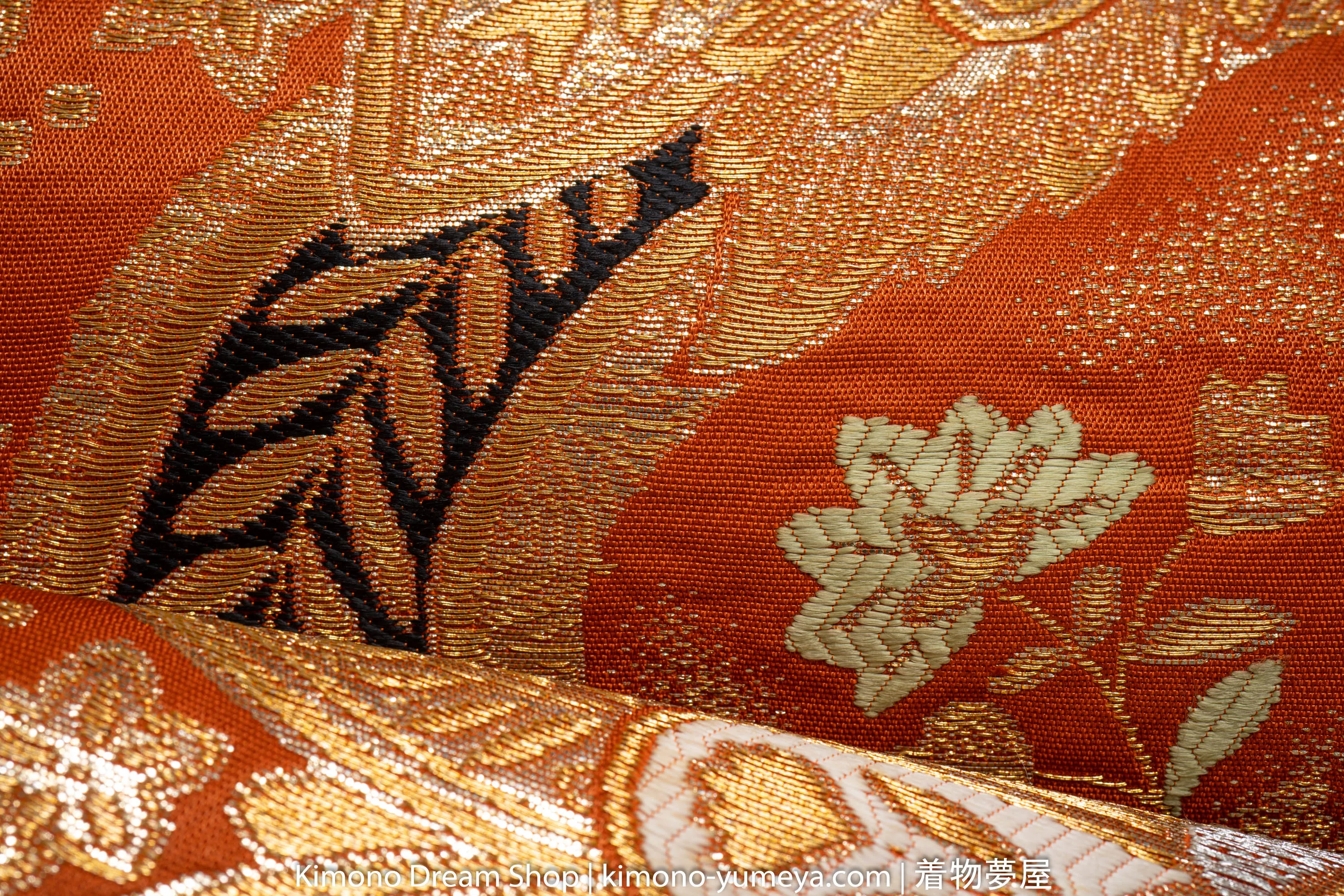 Highly Detailed Embroidered Fukuro Obi - Gold Orange Black - Floral Geometric Artistic Majestic