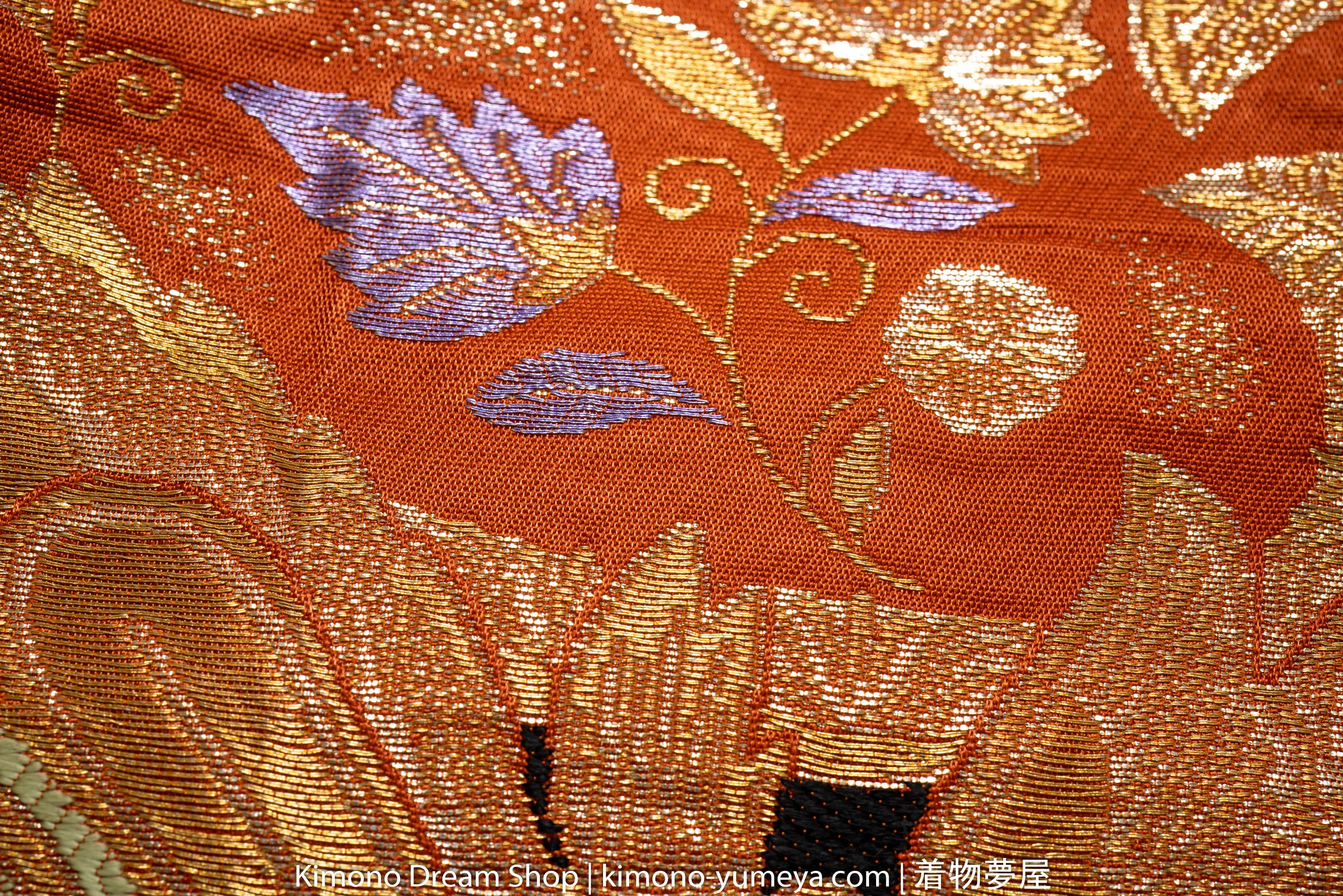 Highly Detailed Embroidered Fukuro Obi - Gold Orange Black - Floral Geometric Artistic Majestic