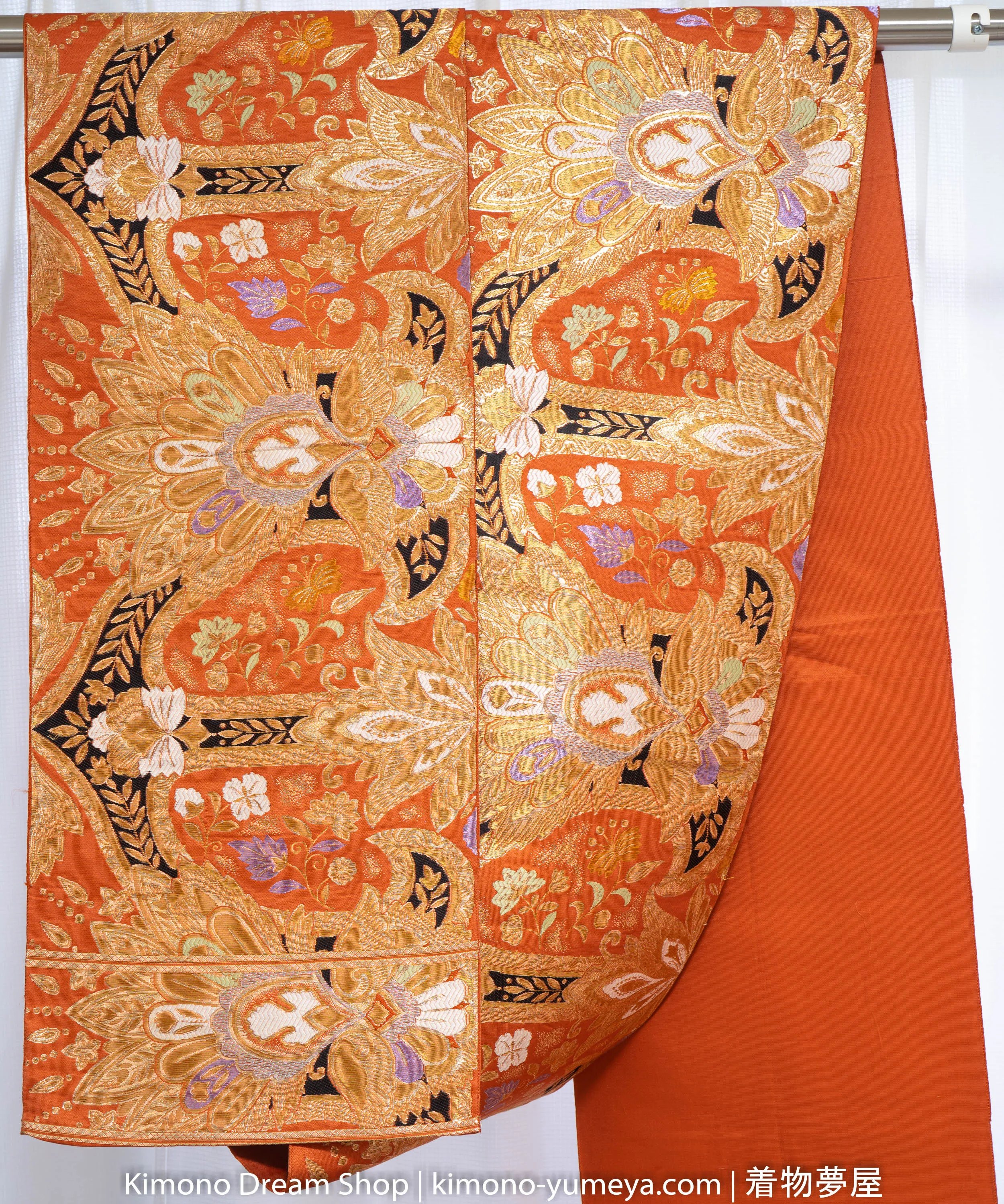 Highly Detailed Embroidered Fukuro Obi - Gold Orange Black - Floral Geometric Artistic Majestic