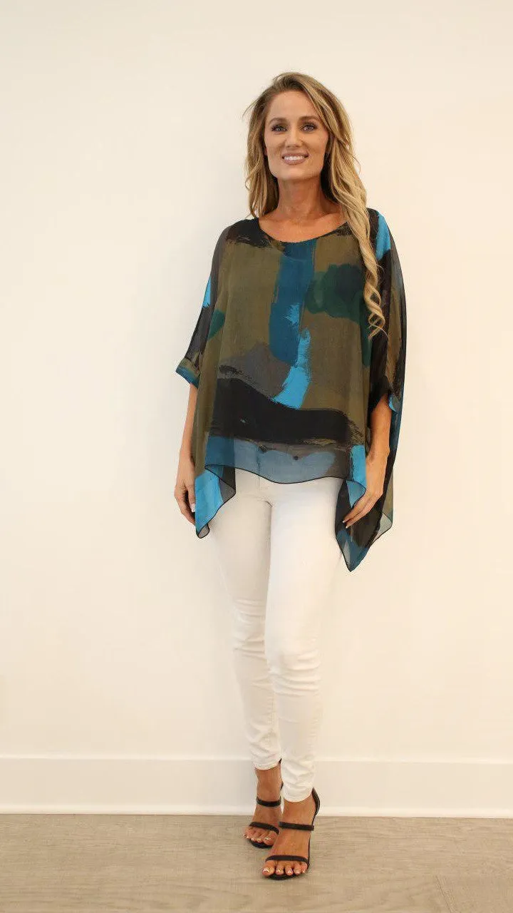 Italian Hand Painted Pattern Raw Moda Silk Top