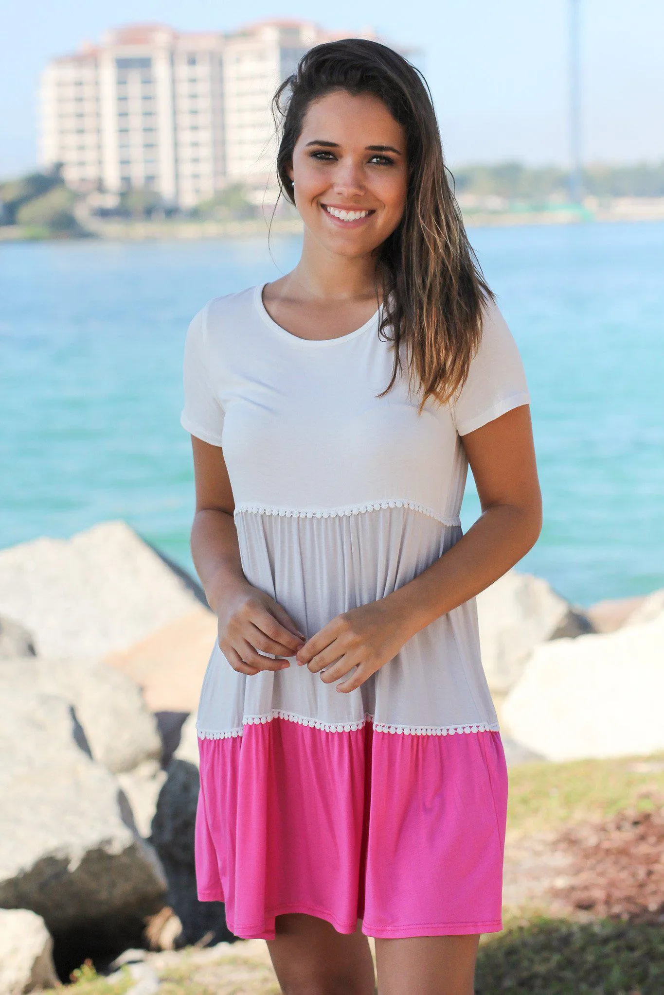 Ivory and Pink Color Block Short Dress