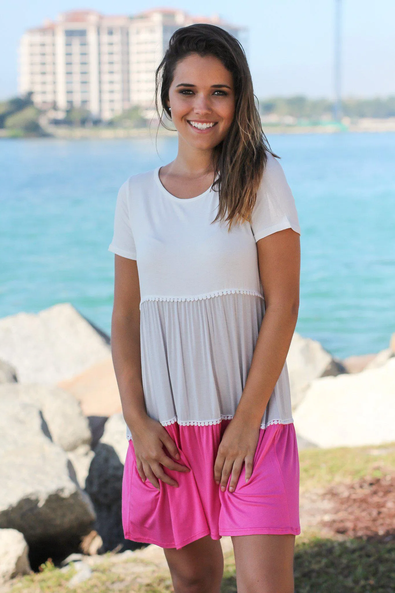 Ivory and Pink Color Block Short Dress