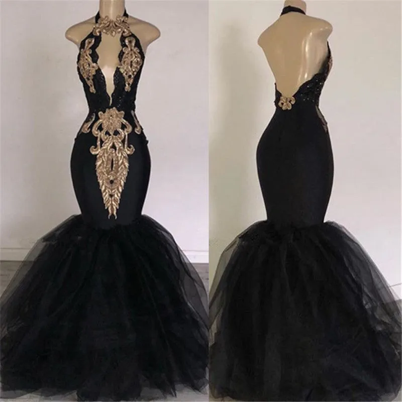 kamahe Chic Backless Prom Dresses with Gold Appliques Mermaid Halter Evening Gowns with Keyhole