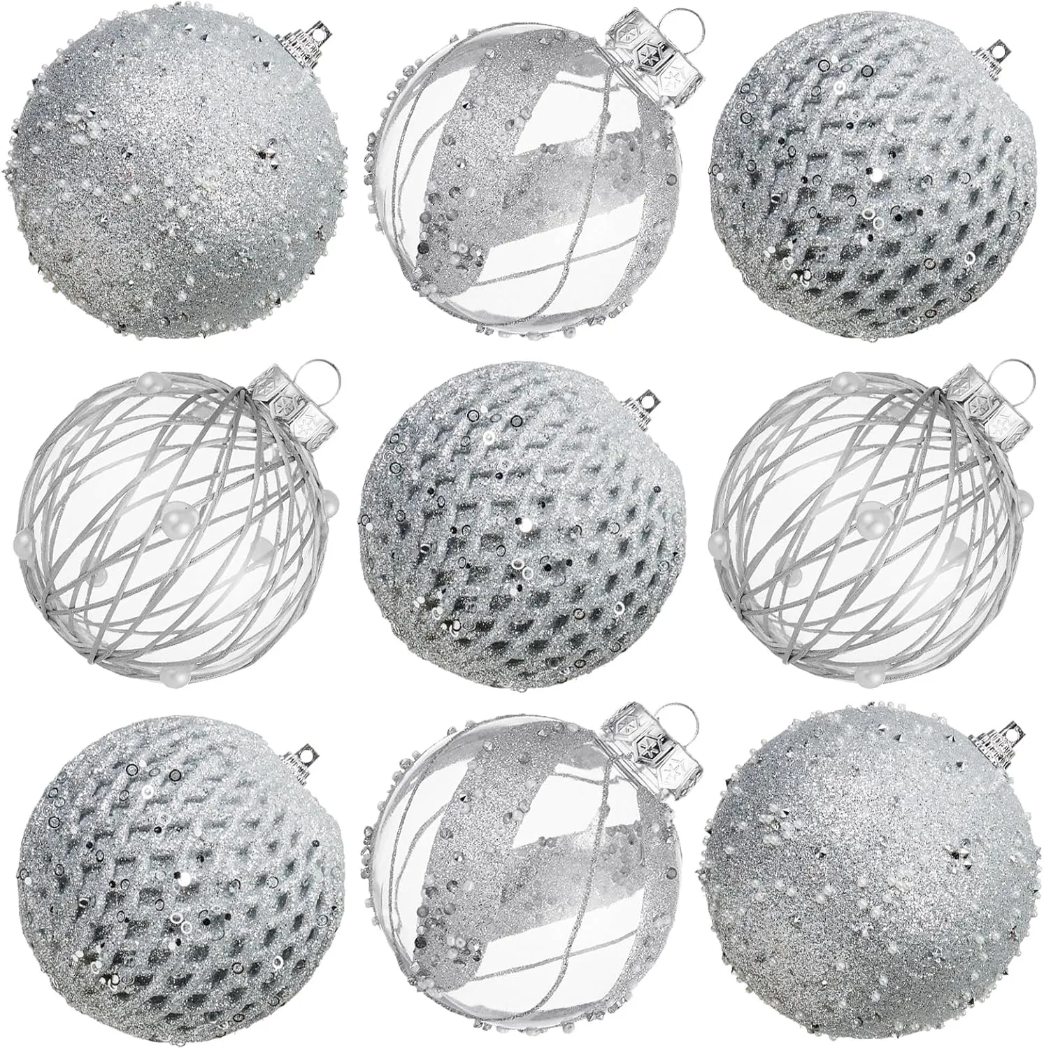 Large Shatterproof Foam Christmas Ball Ornaments - Clear Plastic Glitter Hanging Balls for Xmas Holiday Party Home Decor (Champagne) - Set of 9