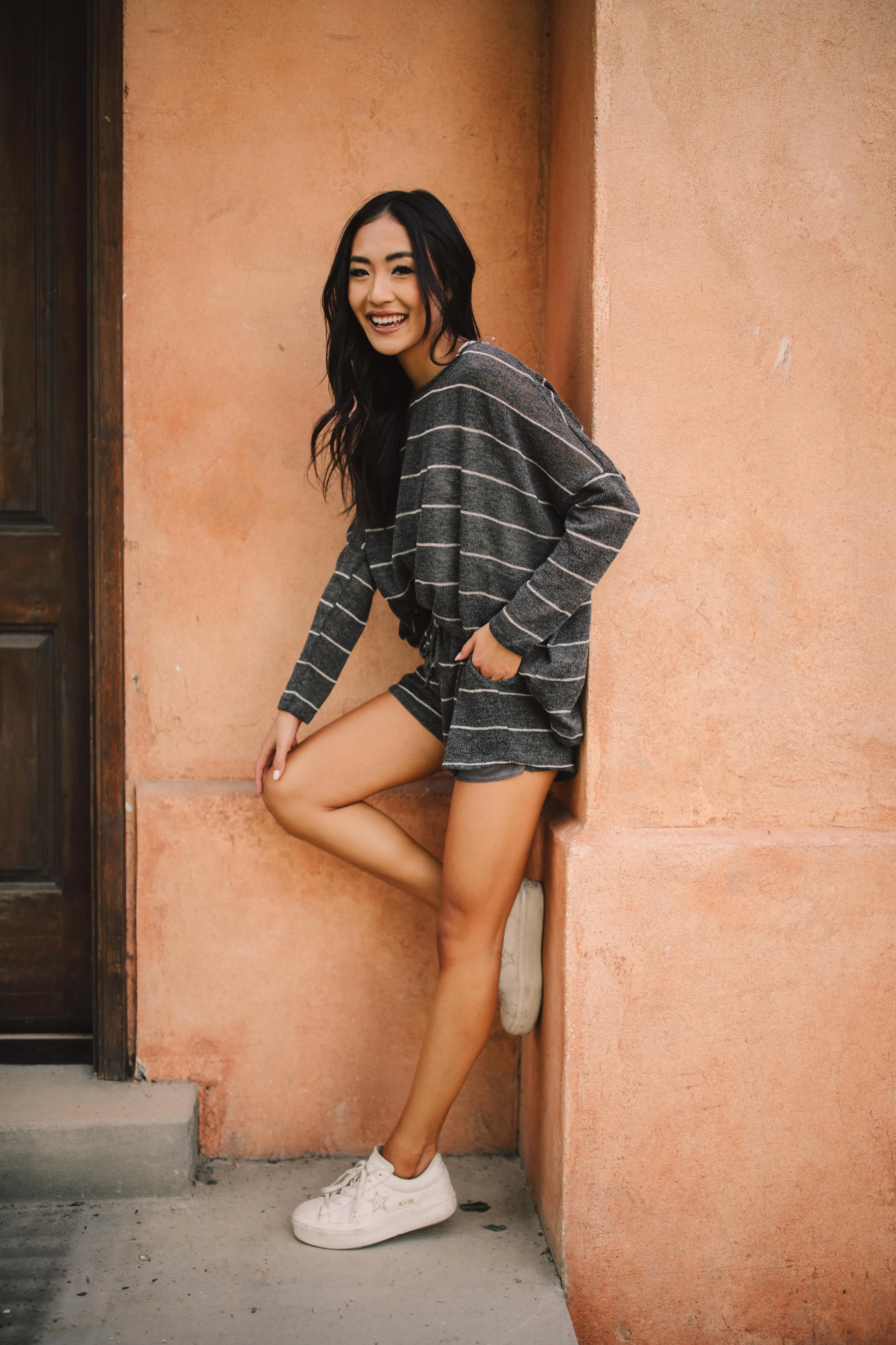 Lightweight Striped Shorts In Charcoal - On Hand