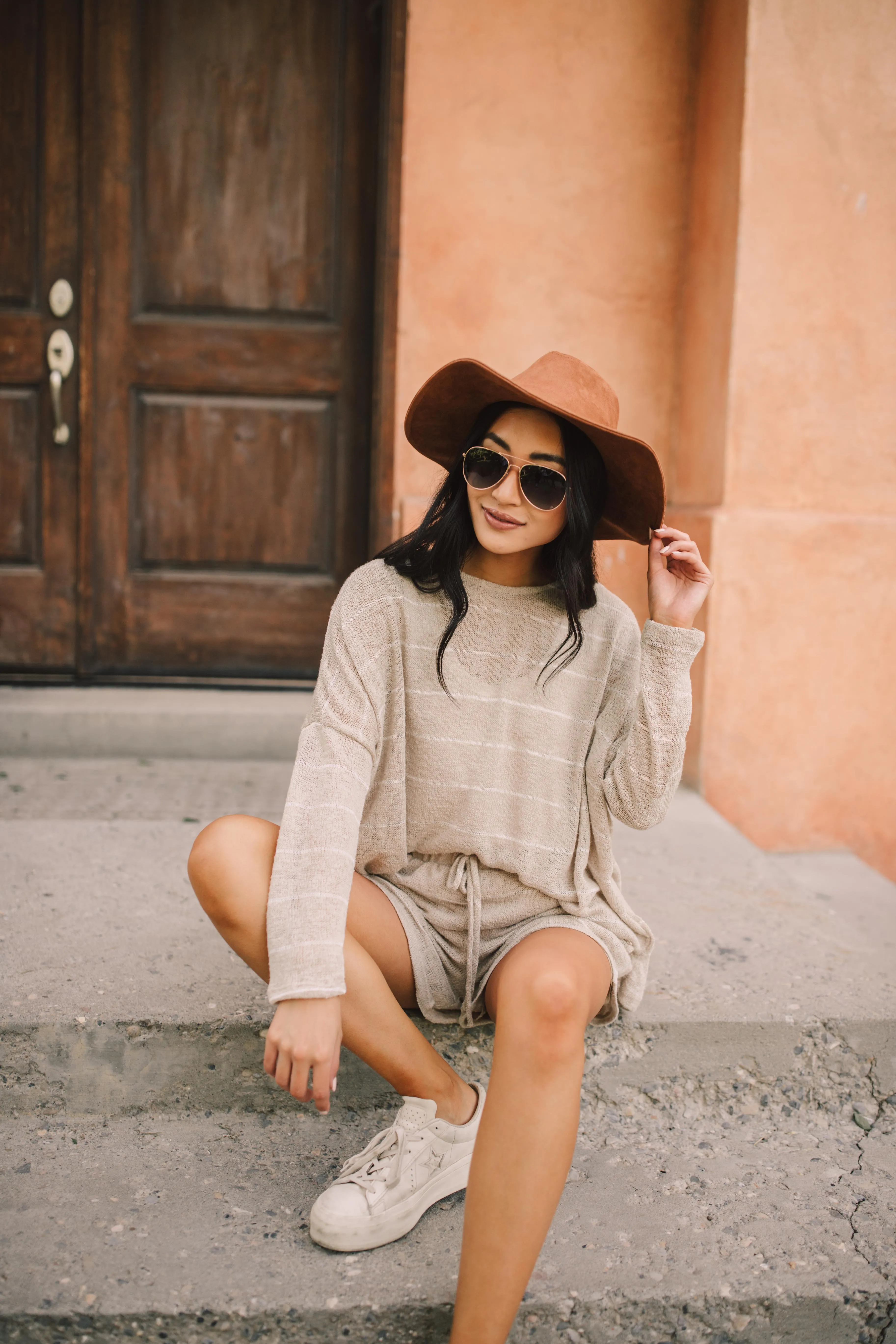 Lightweight Striped Shorts In Taupe - On Hand