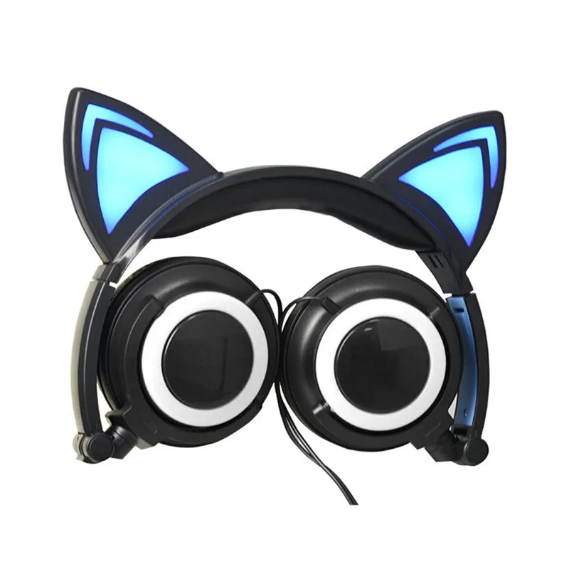 Lovely Cat Ear Headphones Foldable Wired Over Ear Kids Glowing Light Headphone Headsets For Girls Children