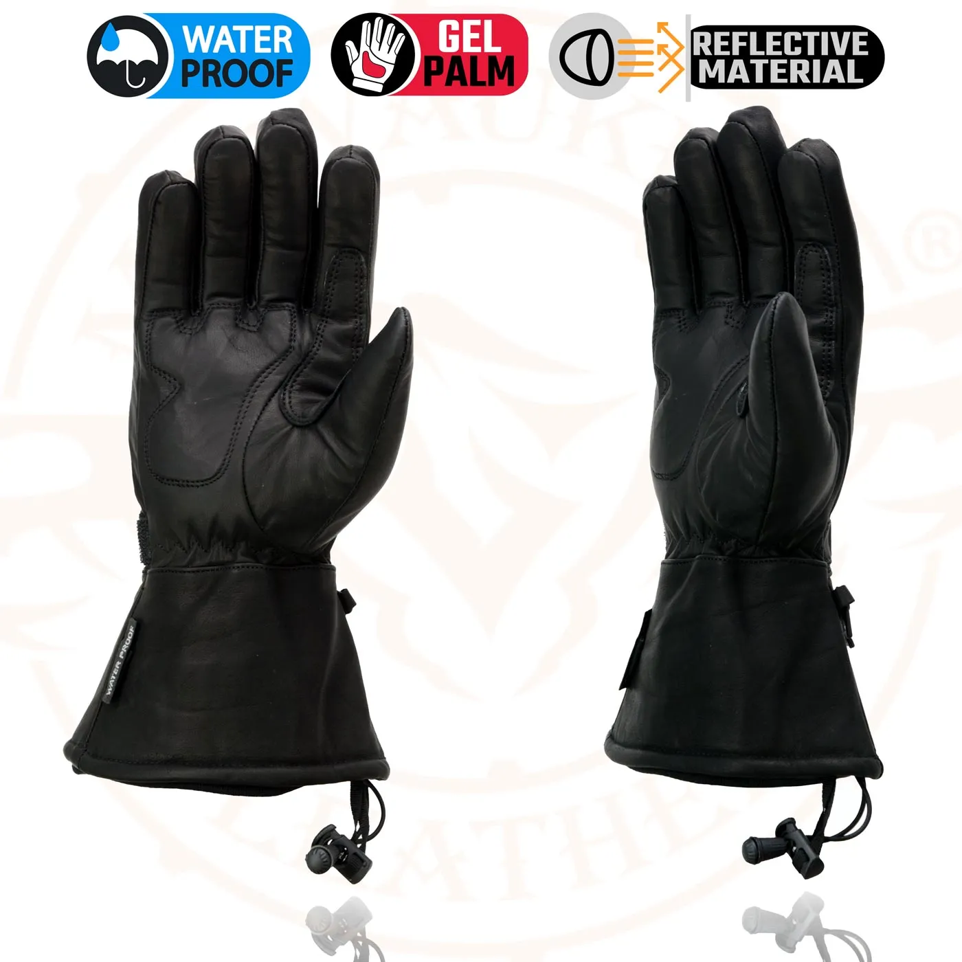 Milwaukee Leather Men's Black Soft Leather Gauntlet Motorcycle Hand Gloves-Waterproof Gel Palm Reflective Piping SH873