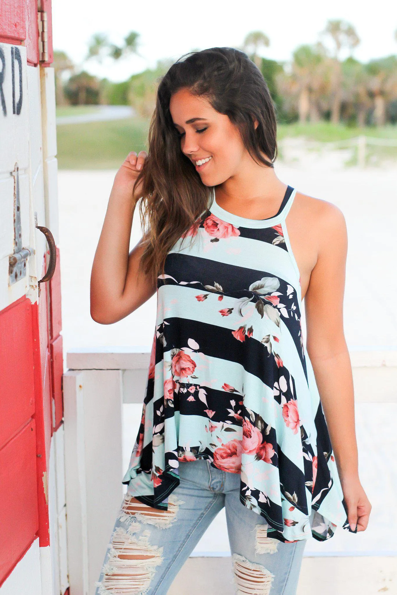 Mint and Navy Floral Striped Racerback Top