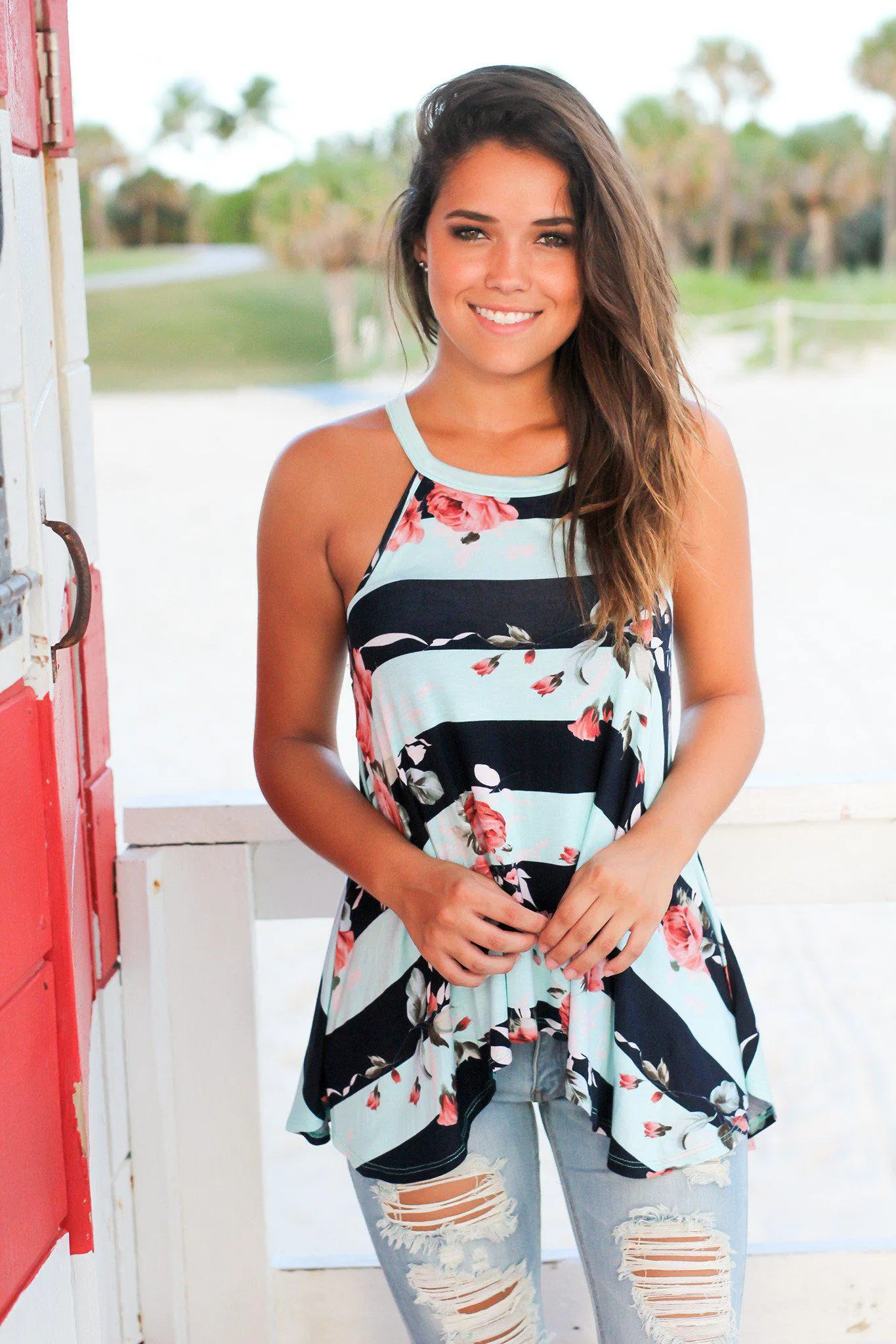 Mint and Navy Floral Striped Racerback Top