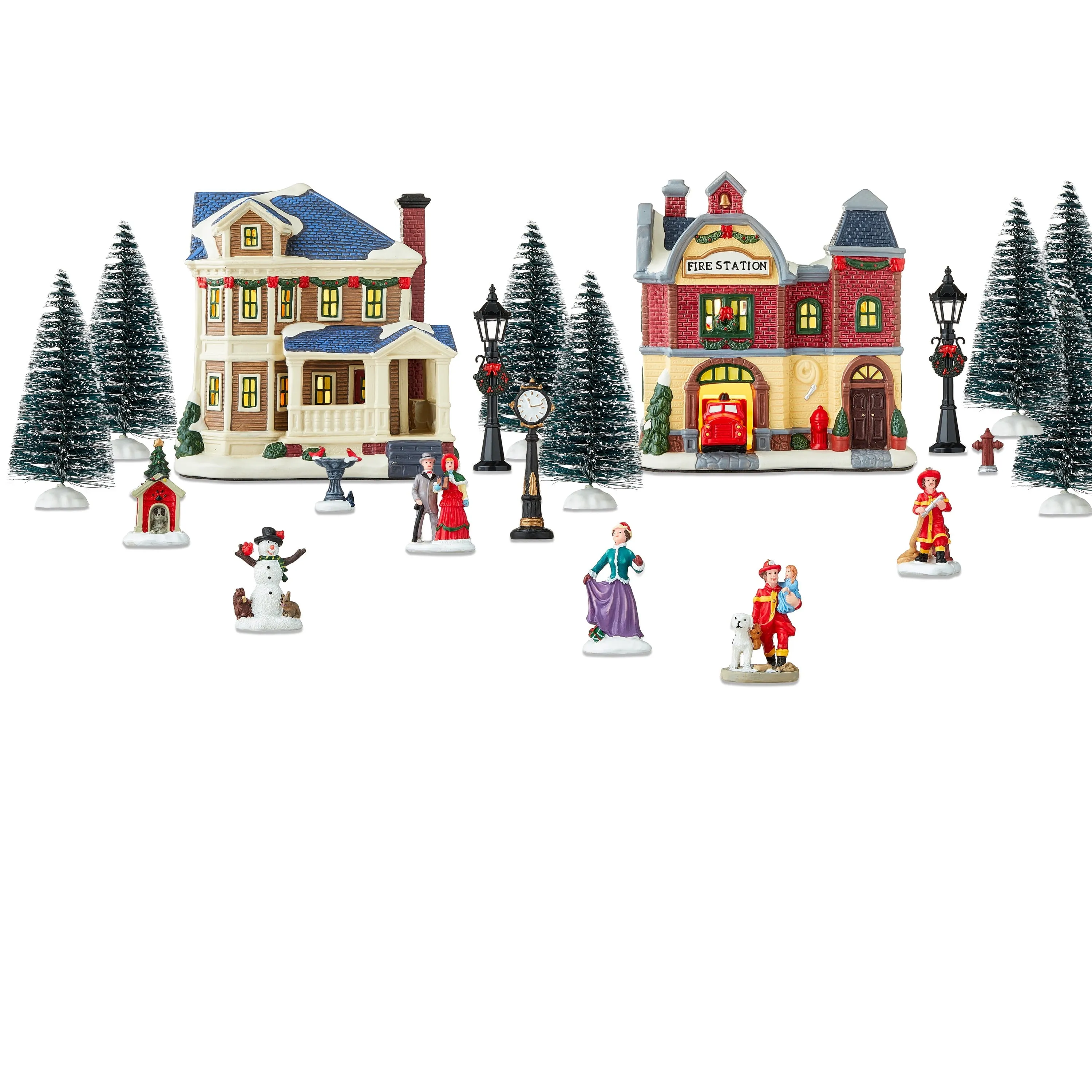 modern Light-Up 20-Piece Christmas Village Set, Included 2 Porcelain House by