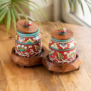 'Mughal Floral' Hand-Painted Ceramic Storage Jars & Containers with Tray (Set of 2, 440 ML)