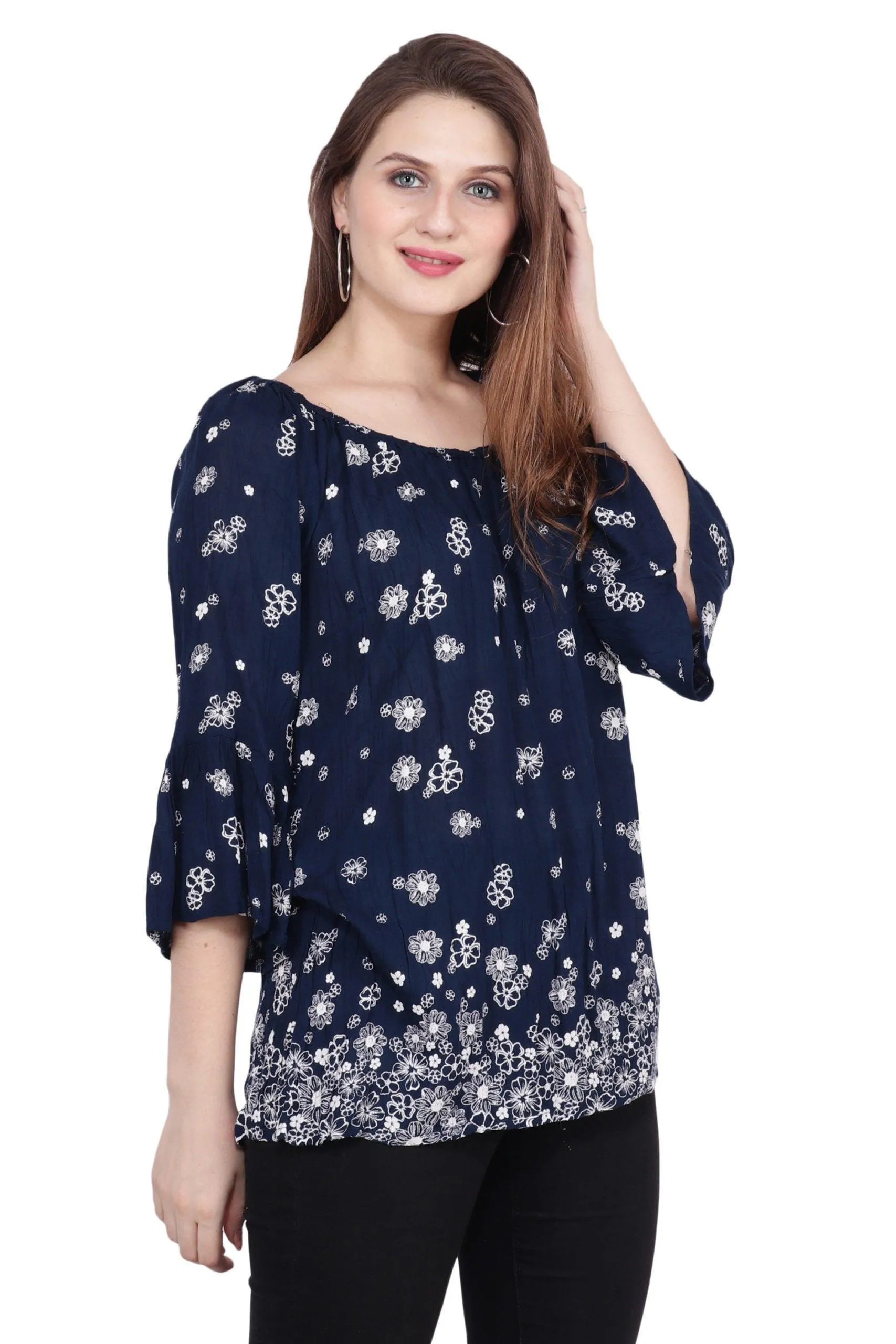 Navy Blue Floral Printed Top