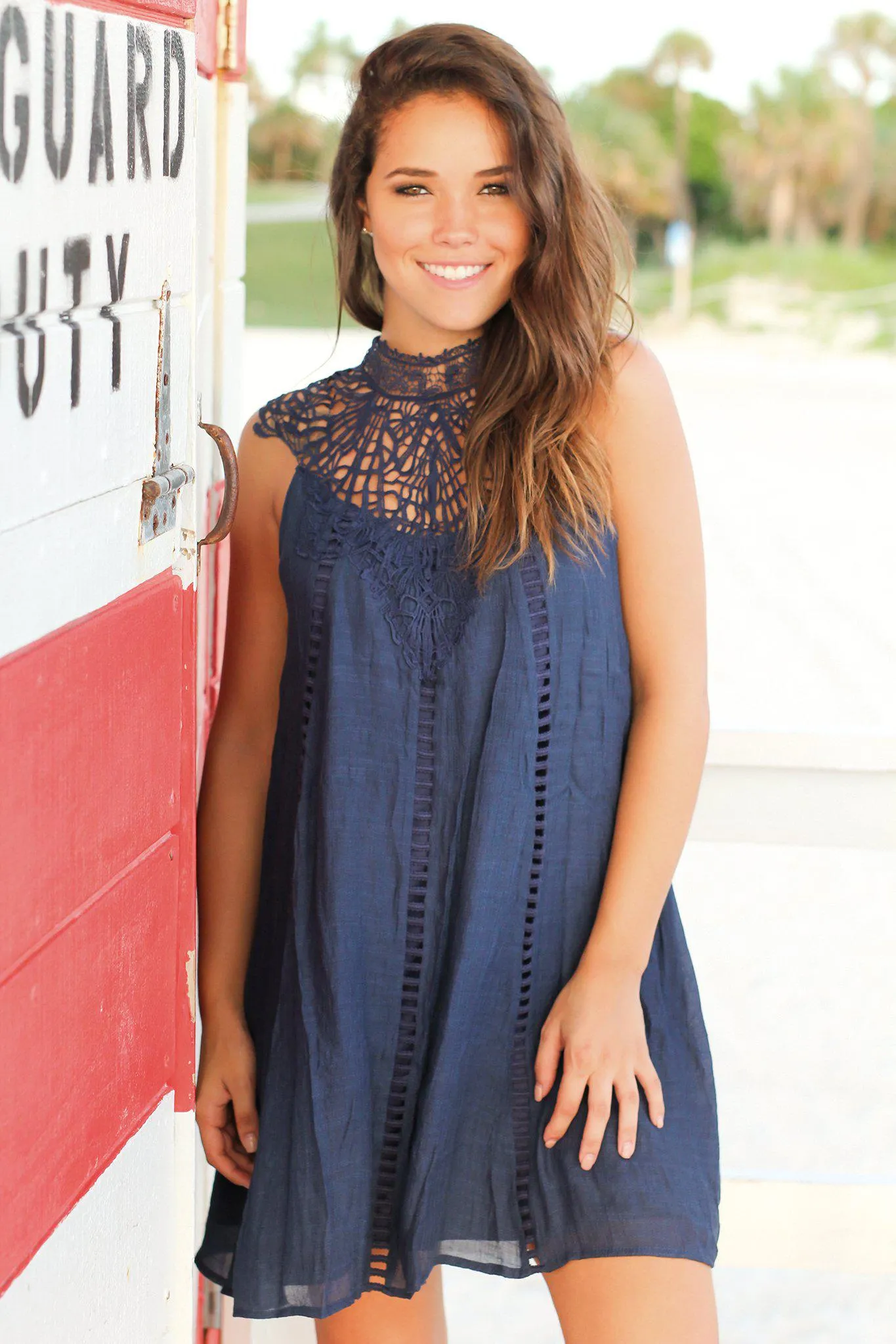 Navy Crochet Short Dress with Cut Out Detail