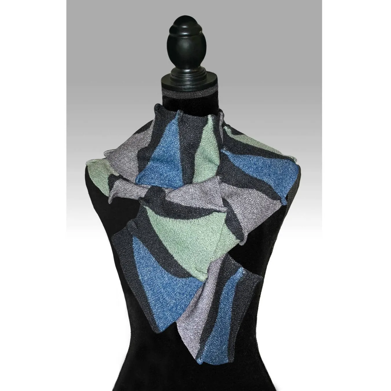 NEW! C Scarf in Black with Silver, Moss, and Blue by K.Gereau Textiles