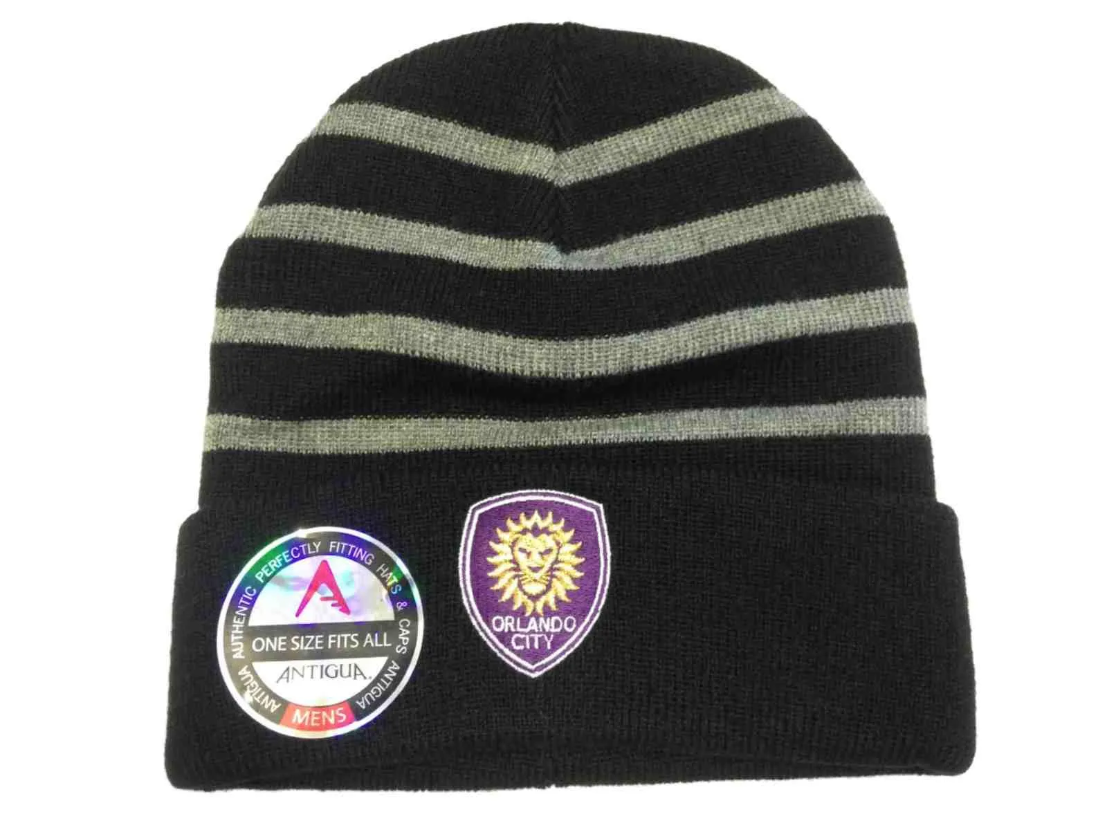 Orlando City SC Antigua MLS Black and Gray Striped Crisp Beanie Hat Cap