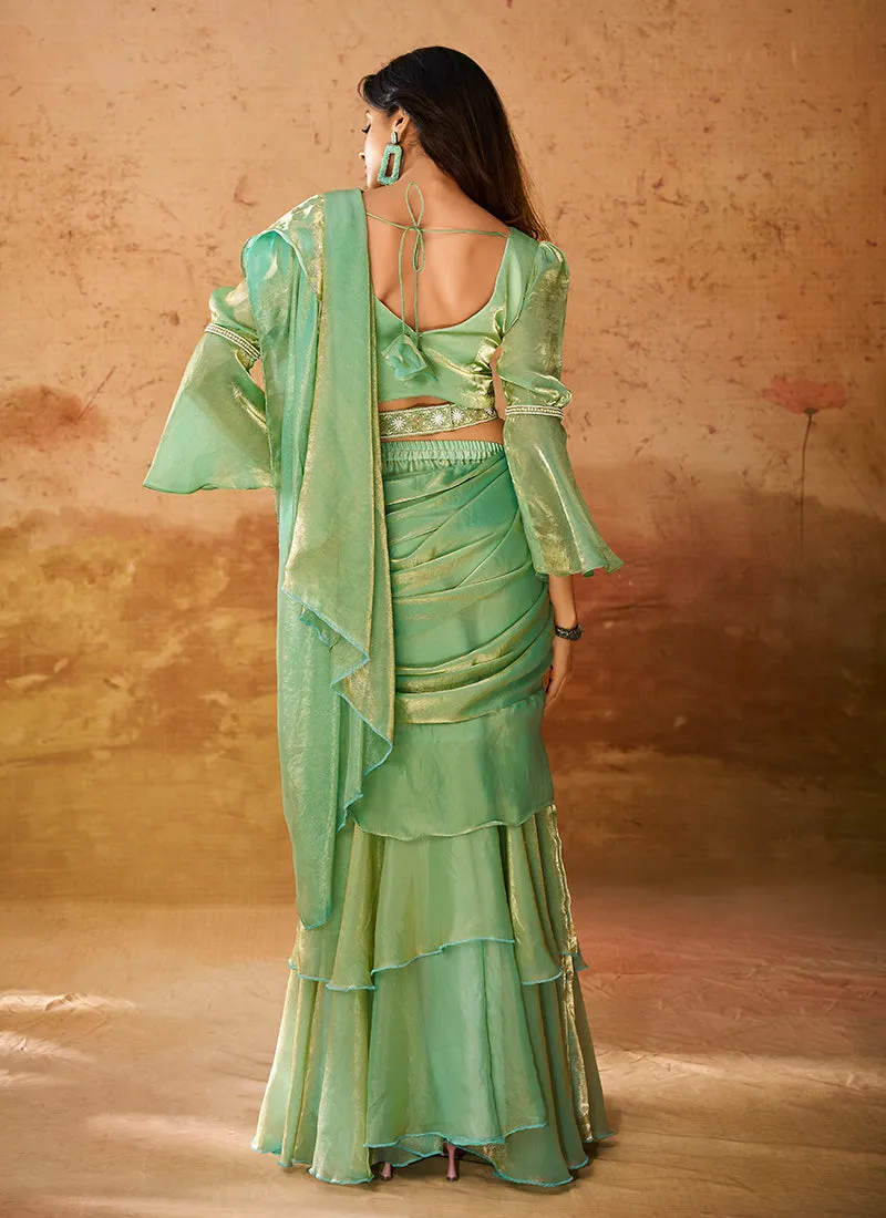 Pear Green Handwork Organza Saree