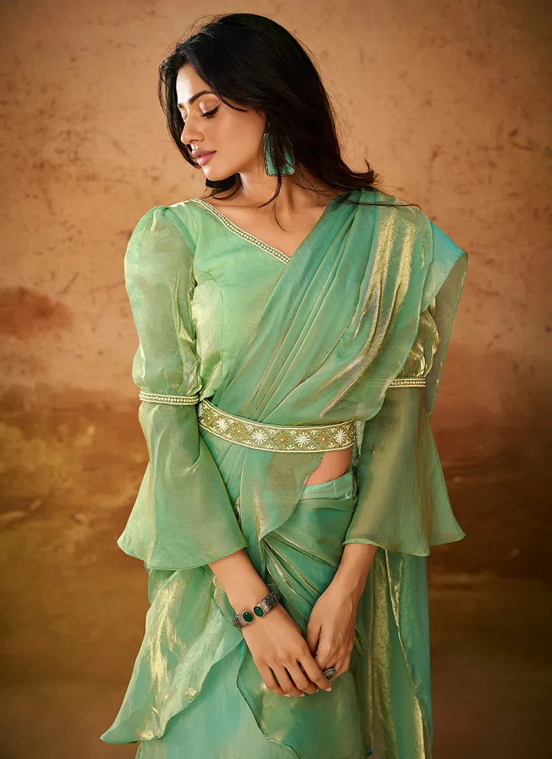 Pear Green Handwork Organza Saree