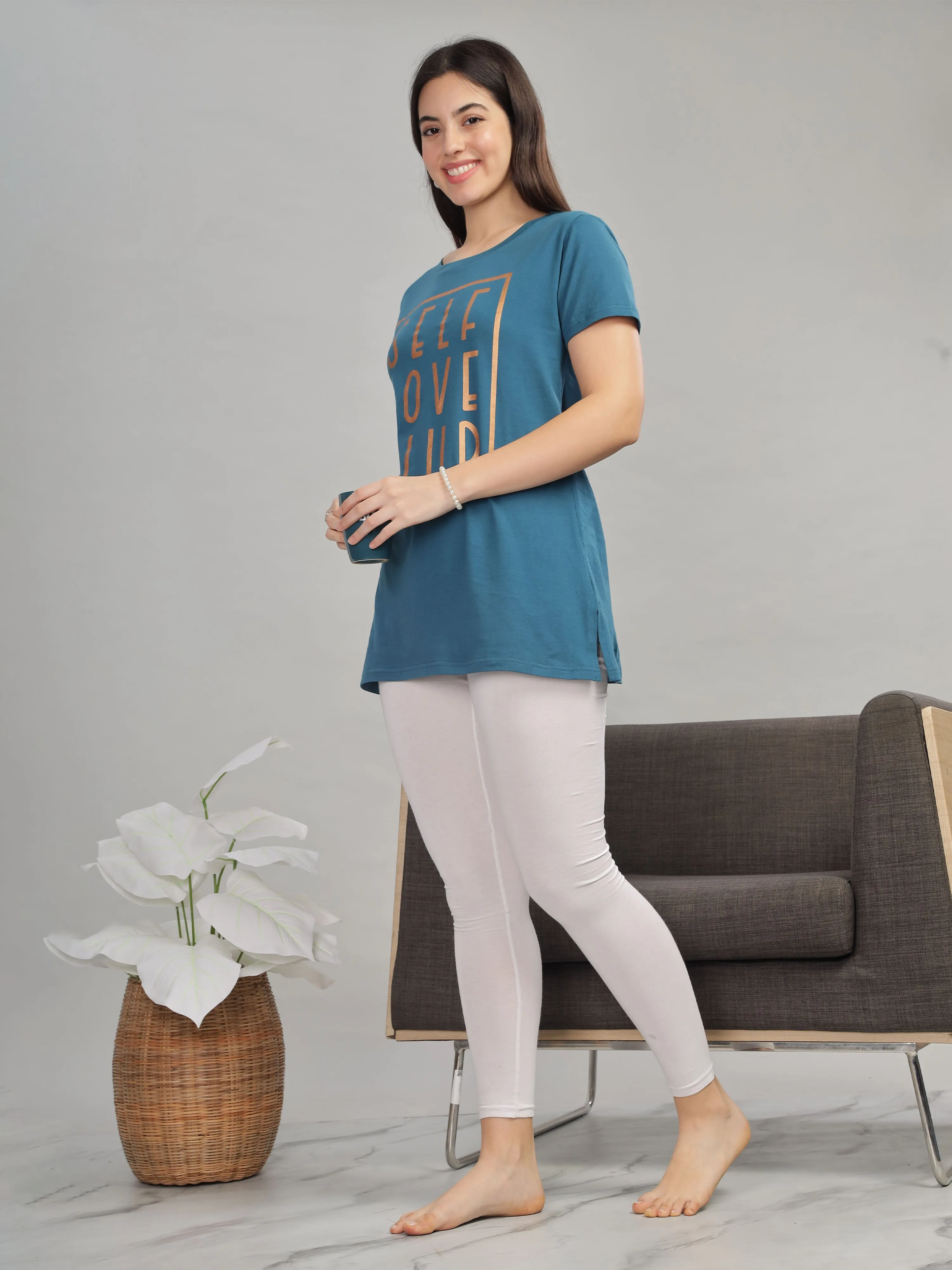 Petrol Blue Printed Long T-Shirt - Soft Hosiery Cotton Nightwear