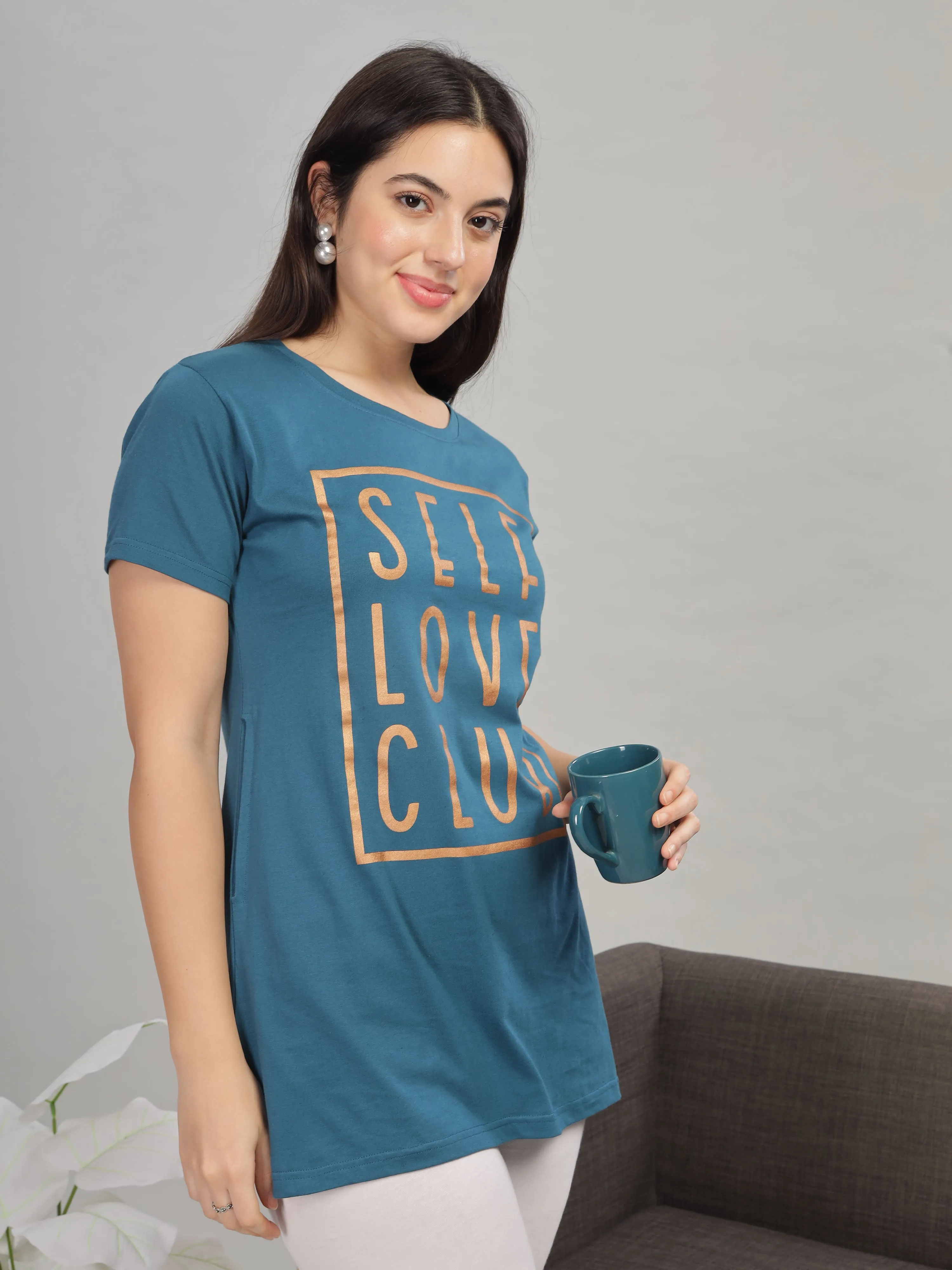 Petrol Blue Printed Long T-Shirt - Soft Hosiery Cotton Nightwear