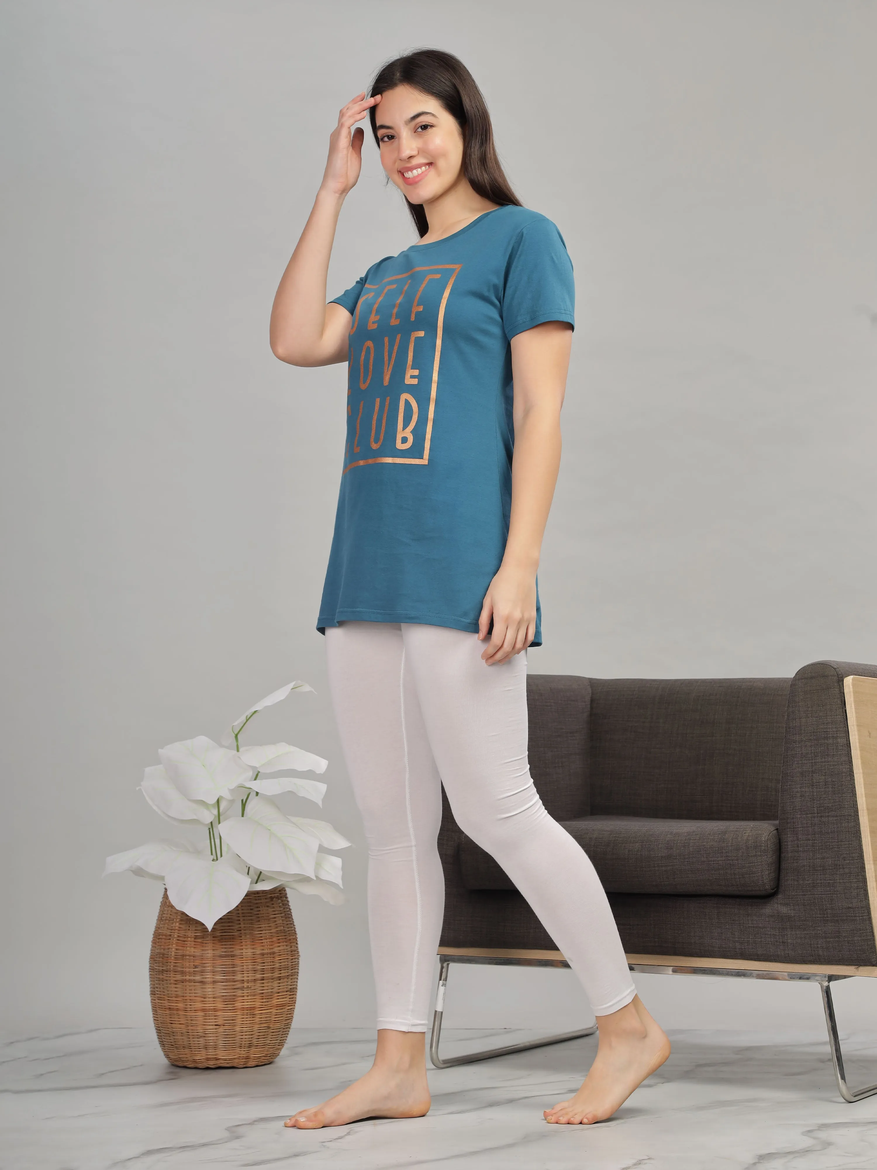 Petrol Blue Printed Long T-Shirt - Soft Hosiery Cotton Nightwear