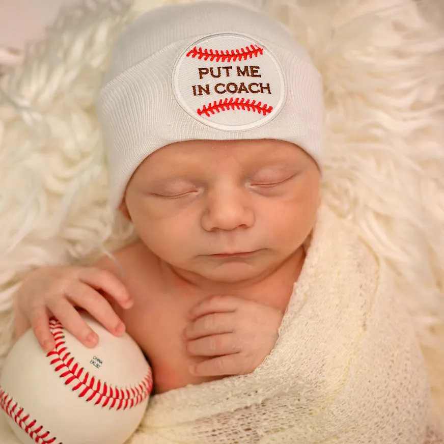 Put Me In Coach - Blue, White or Gray Baseball Hat for Newborn Boys - Sports Hospital Hat