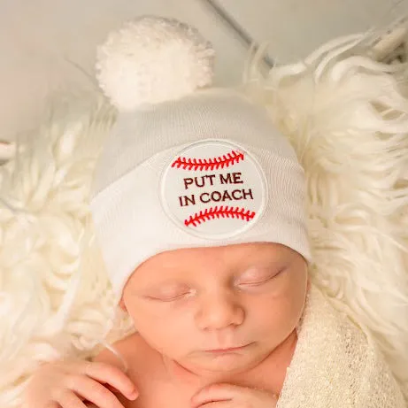 Put Me In Coach Pom Pom - Blue or White Baseball Hat for Newborn Boys - Sports Hospital Hat (Copy)