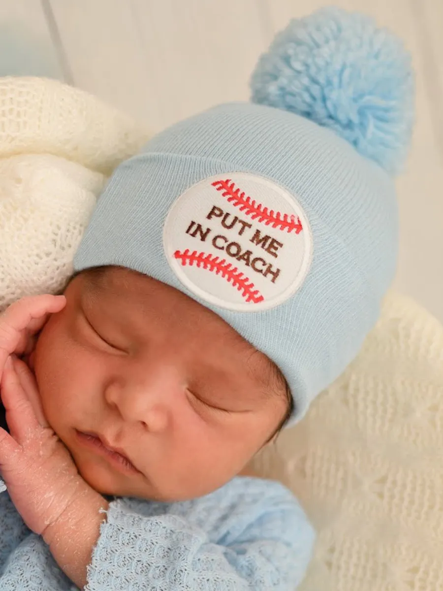 Put Me In Coach Pom Pom - Blue or White Baseball Hat for Newborn Boys - Sports Hospital Hat (Copy)