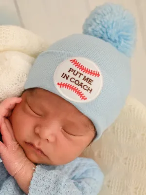 Put Me In Coach Pom Pom - Blue or White Baseball Hat for Newborn Boys - Sports Hospital Hat (Copy)