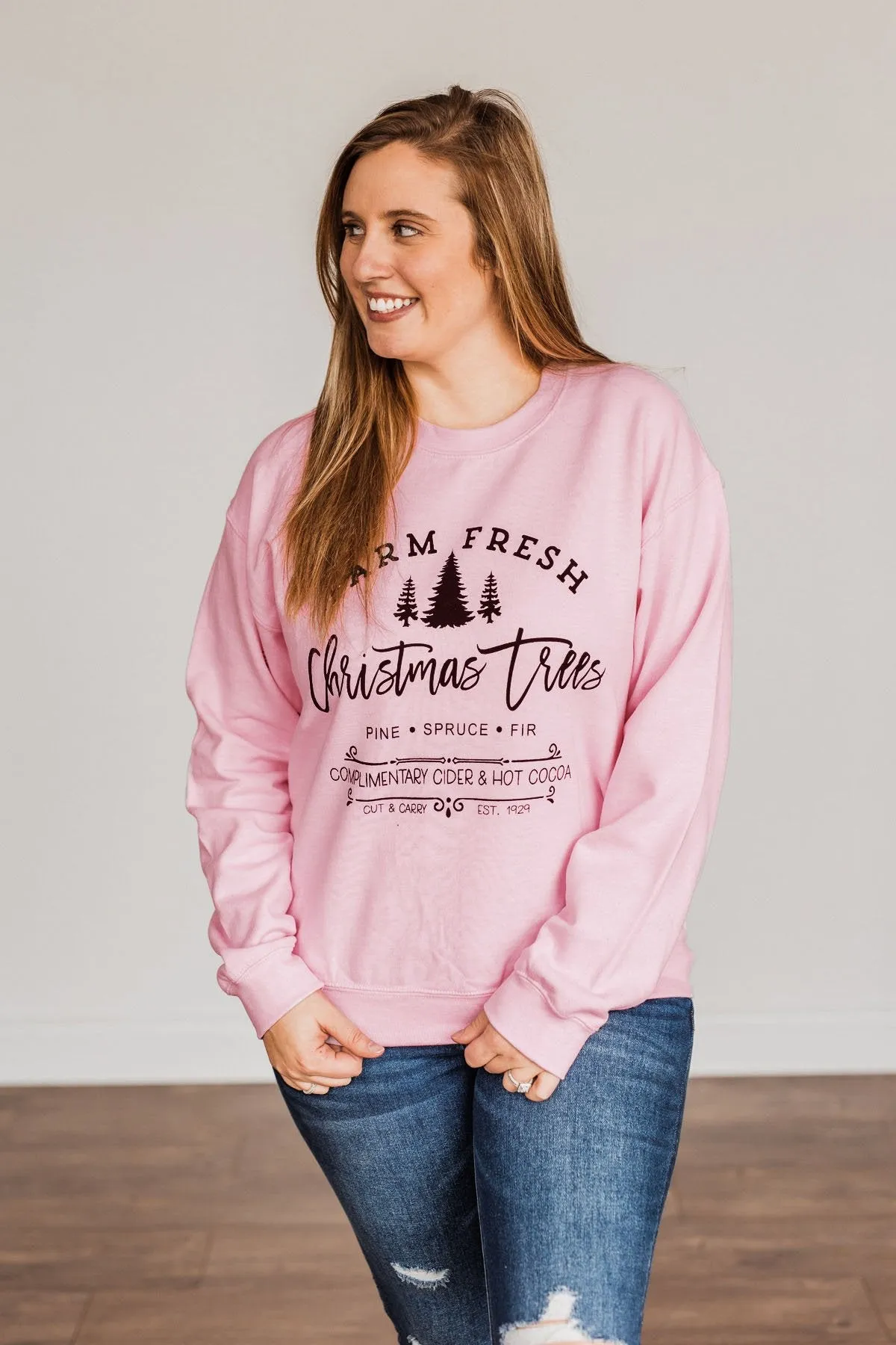 "Farm Fresh Christmas Trees" Graphic Crewneck- Light Pink