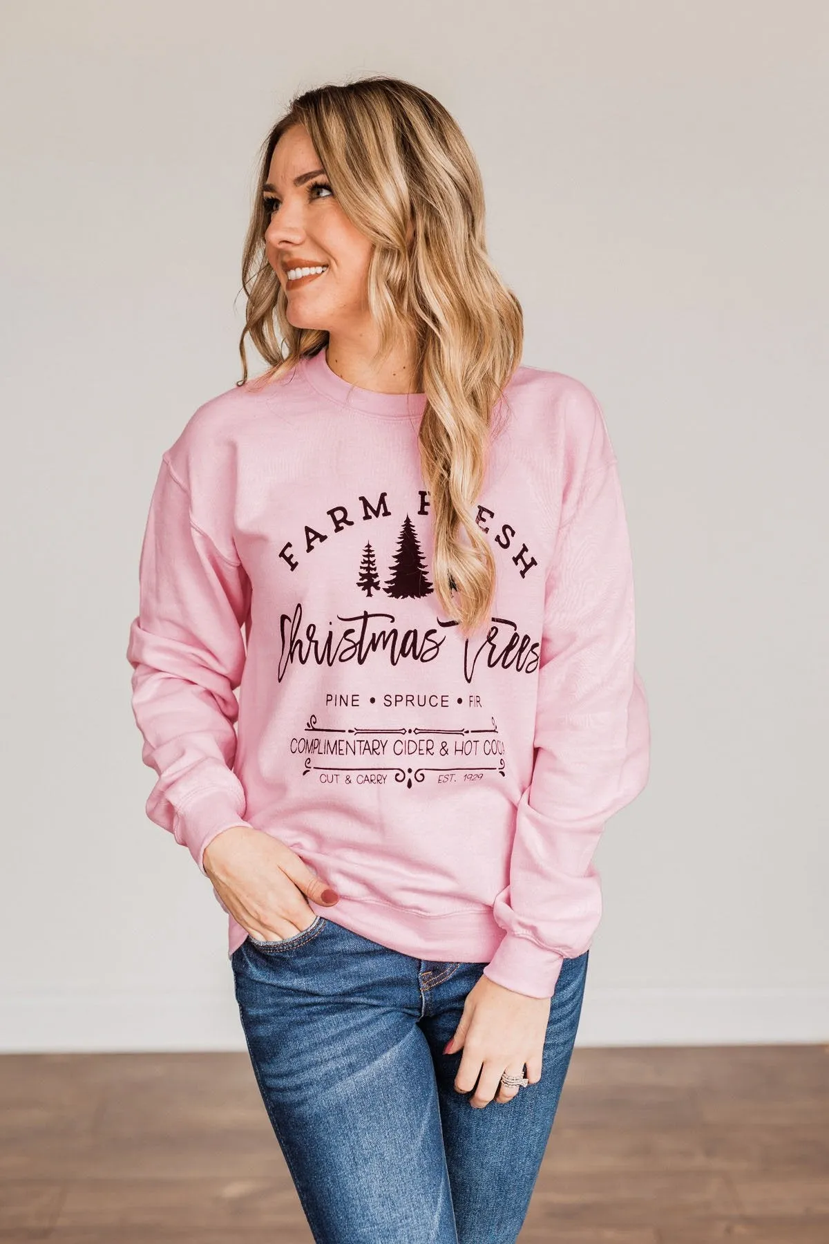 "Farm Fresh Christmas Trees" Graphic Crewneck- Light Pink