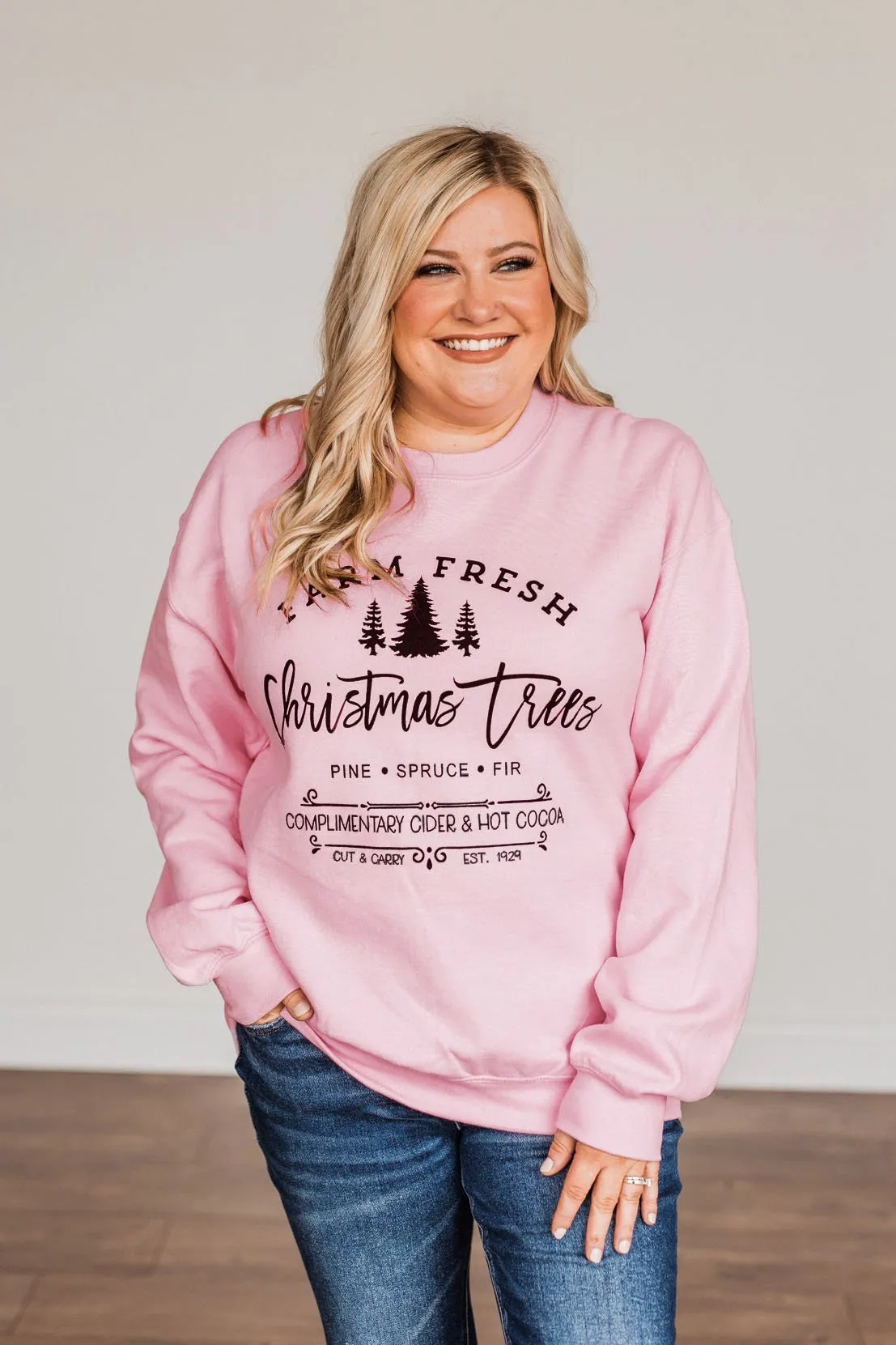 "Farm Fresh Christmas Trees" Graphic Crewneck- Light Pink