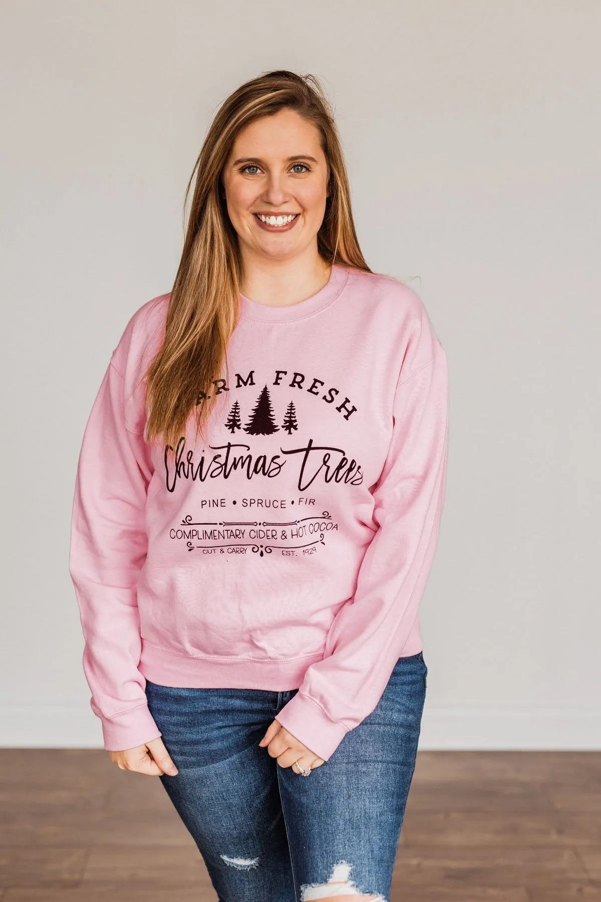 "Farm Fresh Christmas Trees" Graphic Crewneck- Light Pink