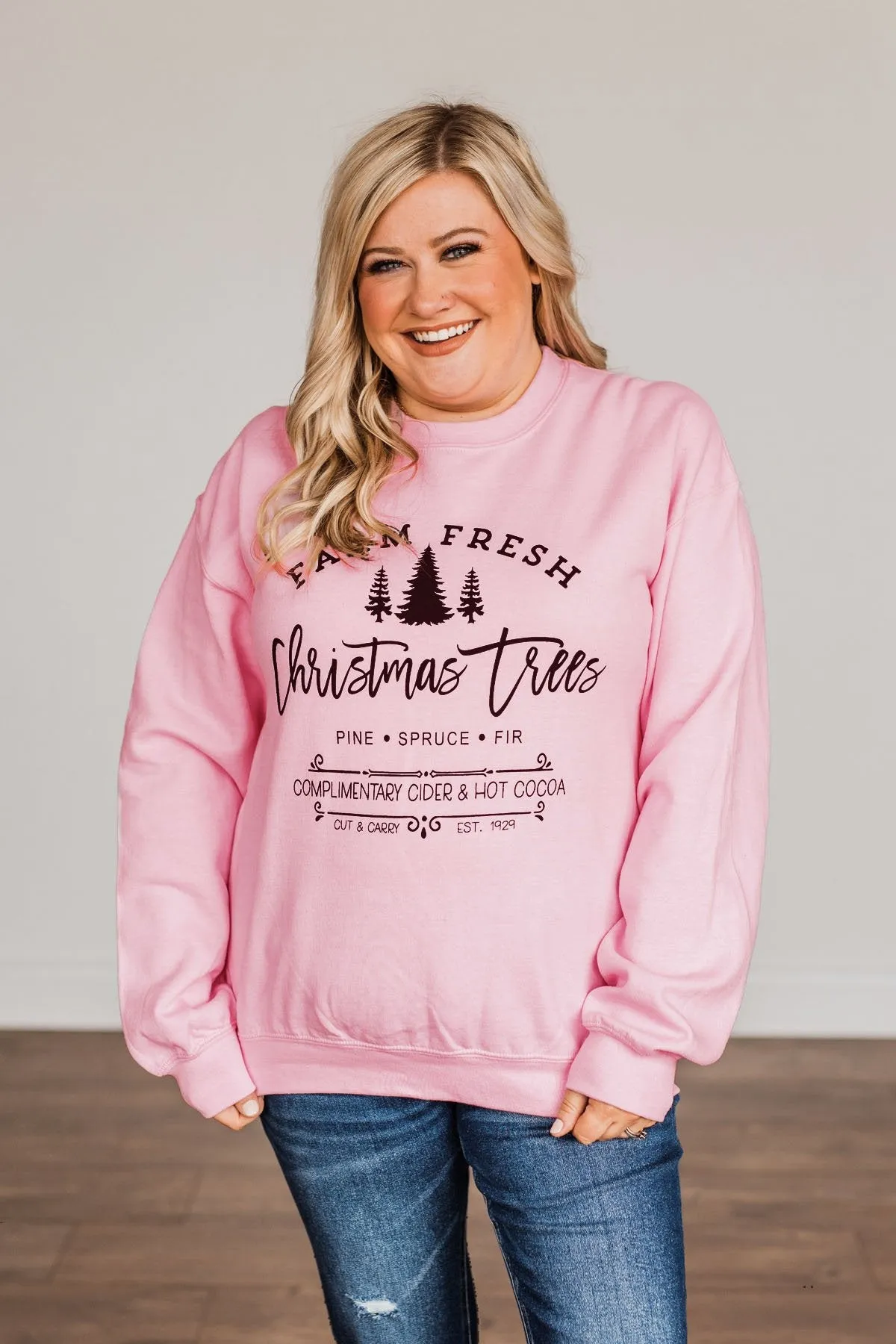 "Farm Fresh Christmas Trees" Graphic Crewneck- Light Pink