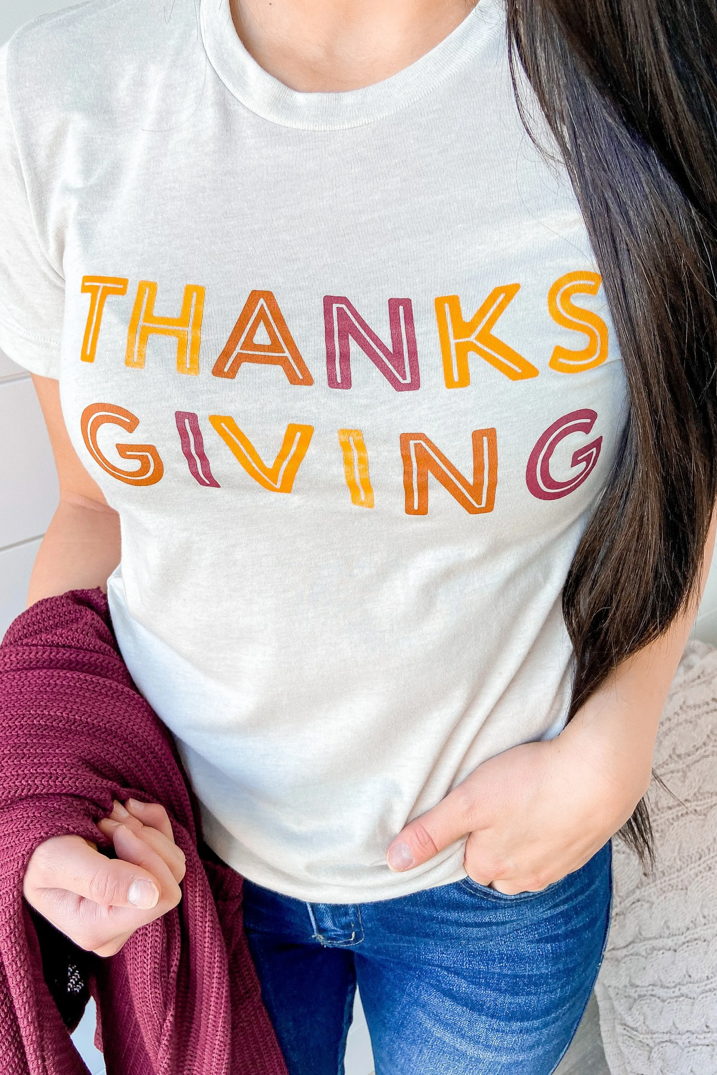 "Thanksgiving" Colorful Print Graphic Tee- Light Taupe